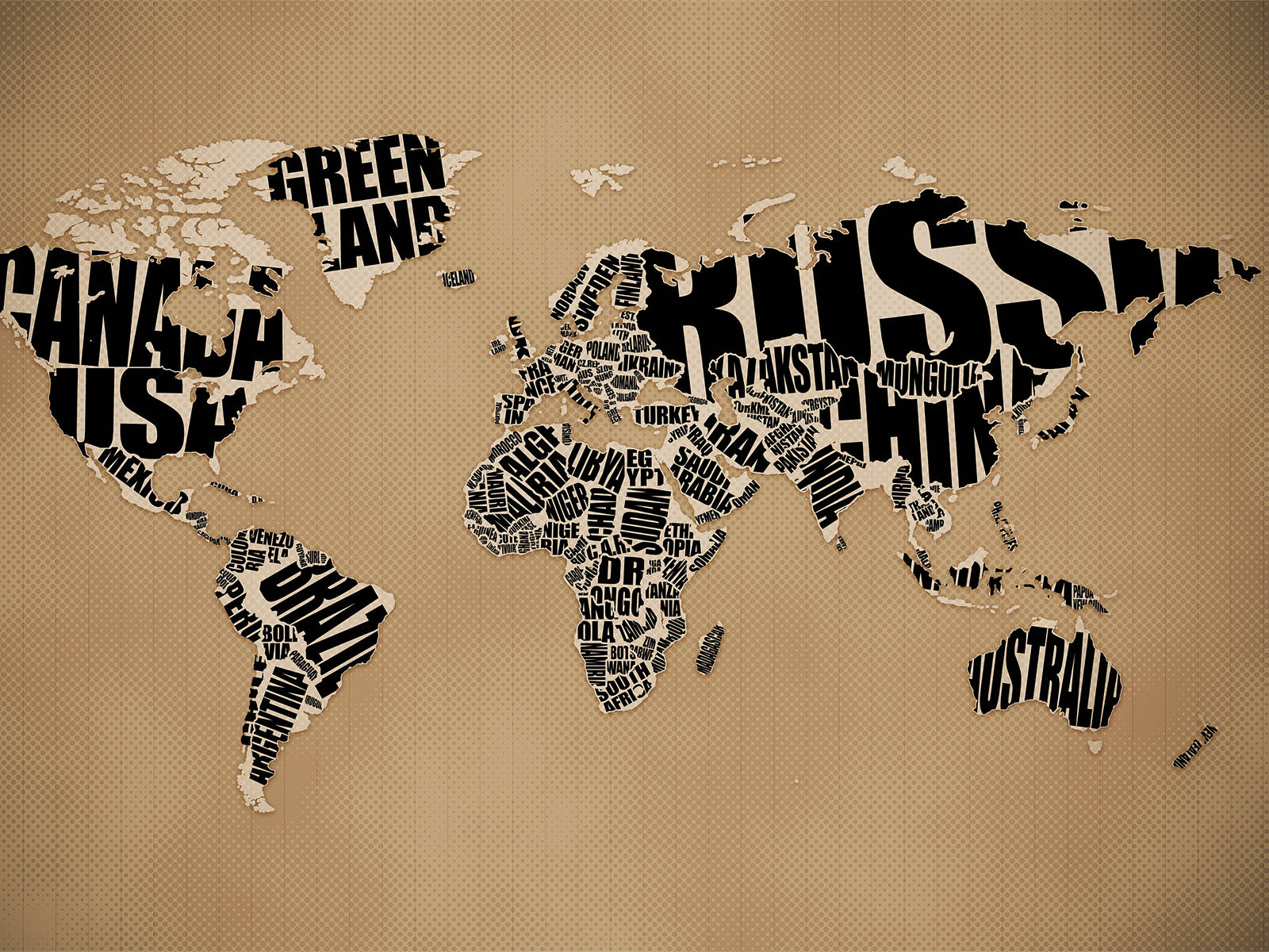 Map 桌布 壁紙 — 以粗體黑色字體在帶有紋理的米色紙張上製成的世界地圖，背景為點狀。