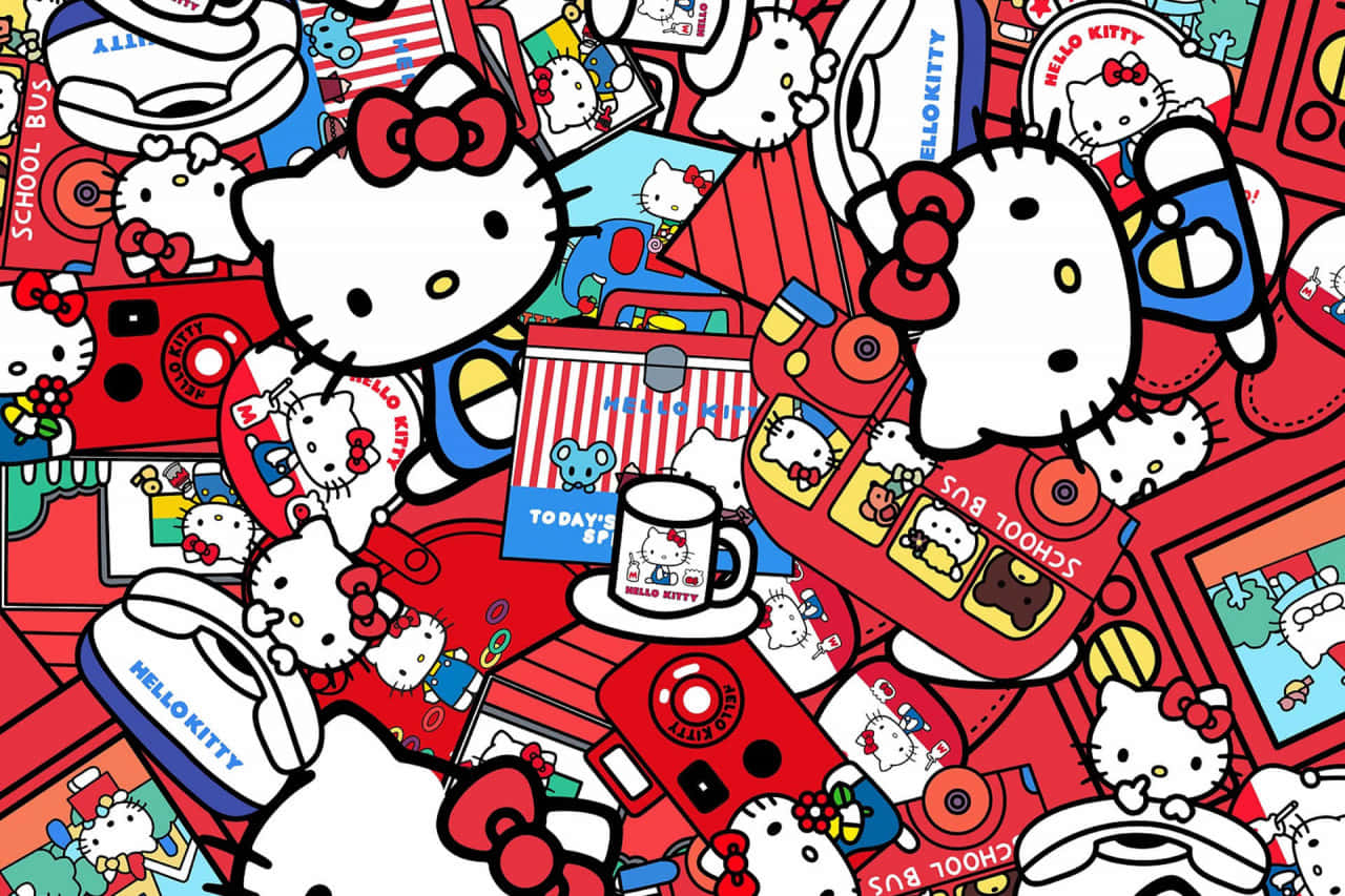 Hello Kitty 桌布 壁紙 — 以紅、白、藍色Hello Kitty商品組成的充滿活力的混亂拼貼畫，帶有重複圖案和俏皮設計。