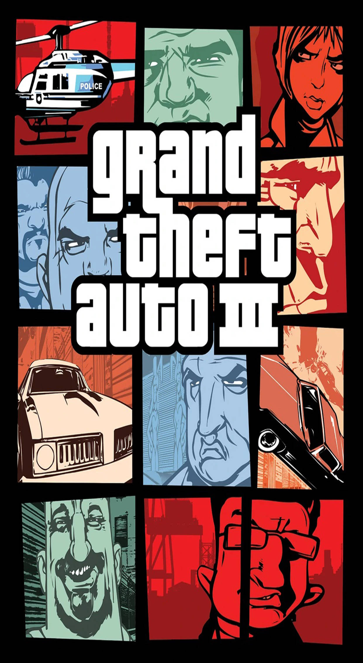 gta iPhone 桌布 壁紙 — 以紅、藍、綠色調呈現的GTA III角色與車輛大膽漫畫風格拼貼。