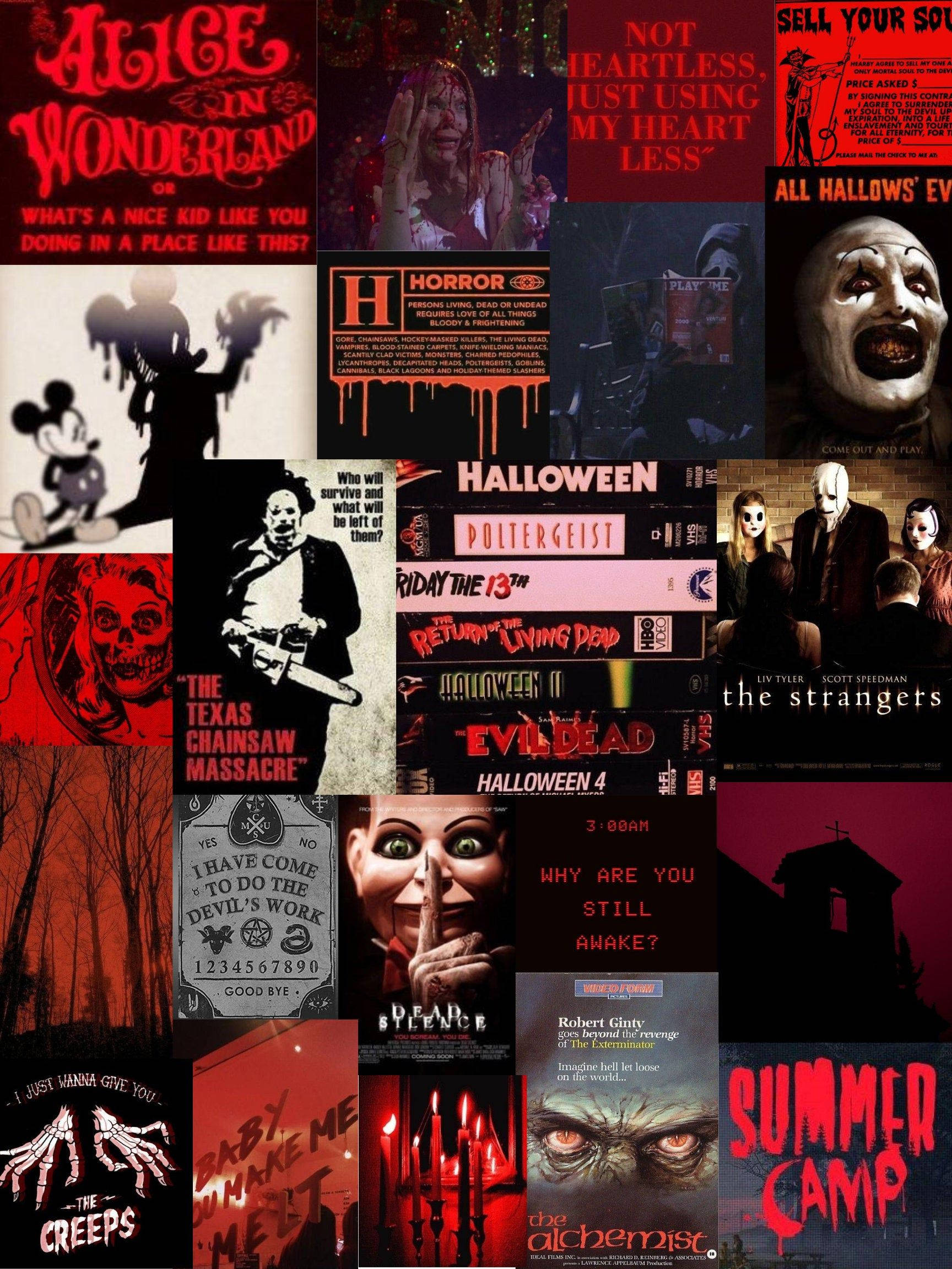 Horror Movie Collage 桌布 壁紙 — 以紅色和深色調為背景的恐怖電影海報拼貼畫， featuring 標誌性反派和令人毛骨悚然的標語。