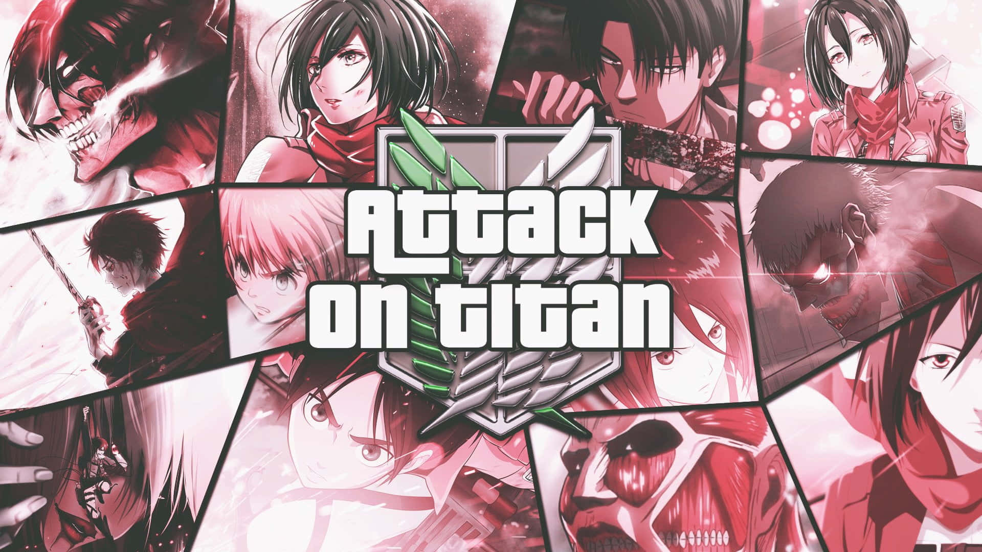 Attack On Titan Poster 桌布 壁紙 — 以紅色和粉紅色調呈現的《進擊的巨人》角色動態動漫拼貼畫，中央帶有標題標誌。
