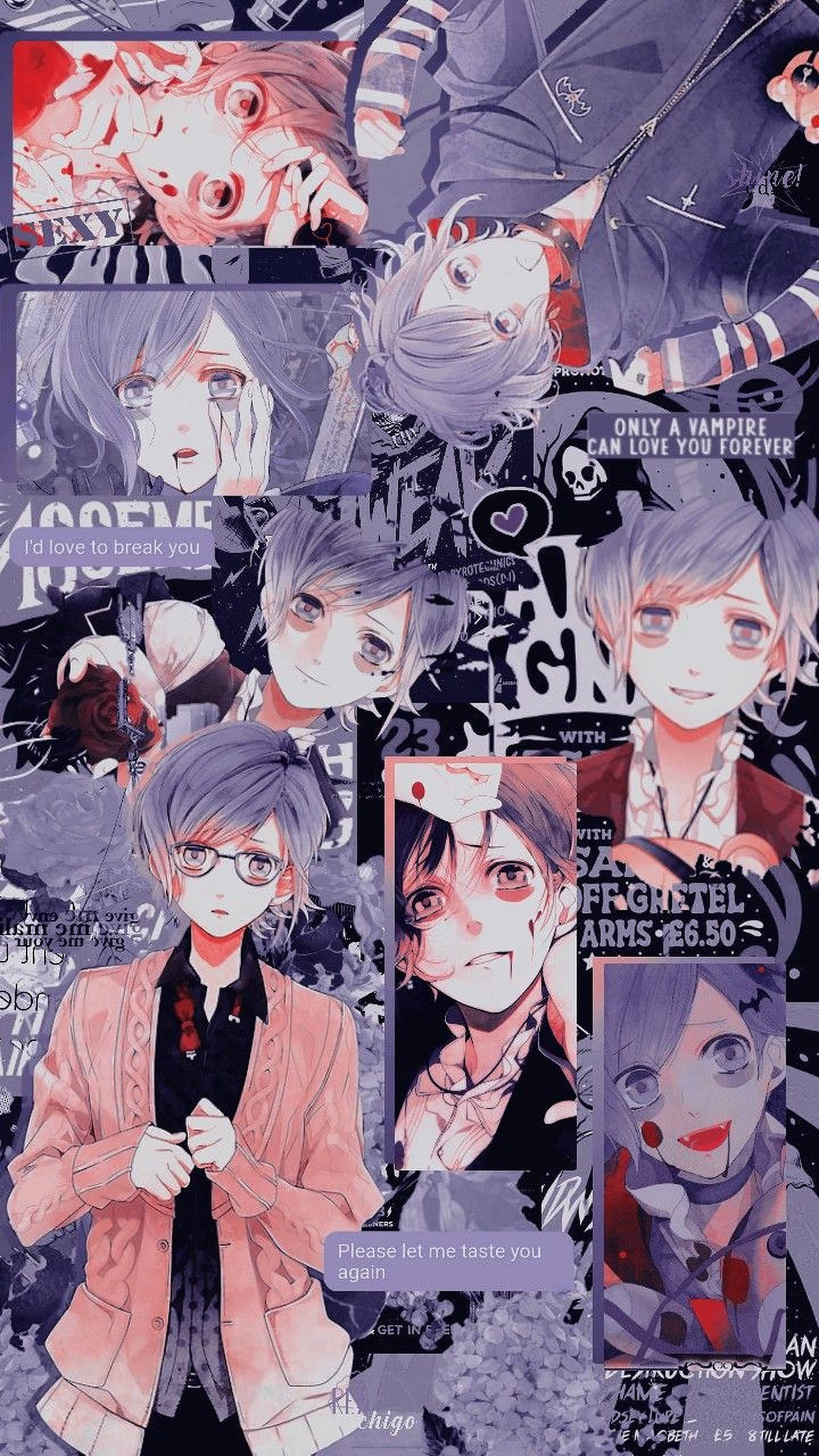 Diabolik Lovers 桌布 壁紙 — 以紅色和紫色調為主的吸血鬼主題動漫角色拼貼畫，帶有文字疊加。