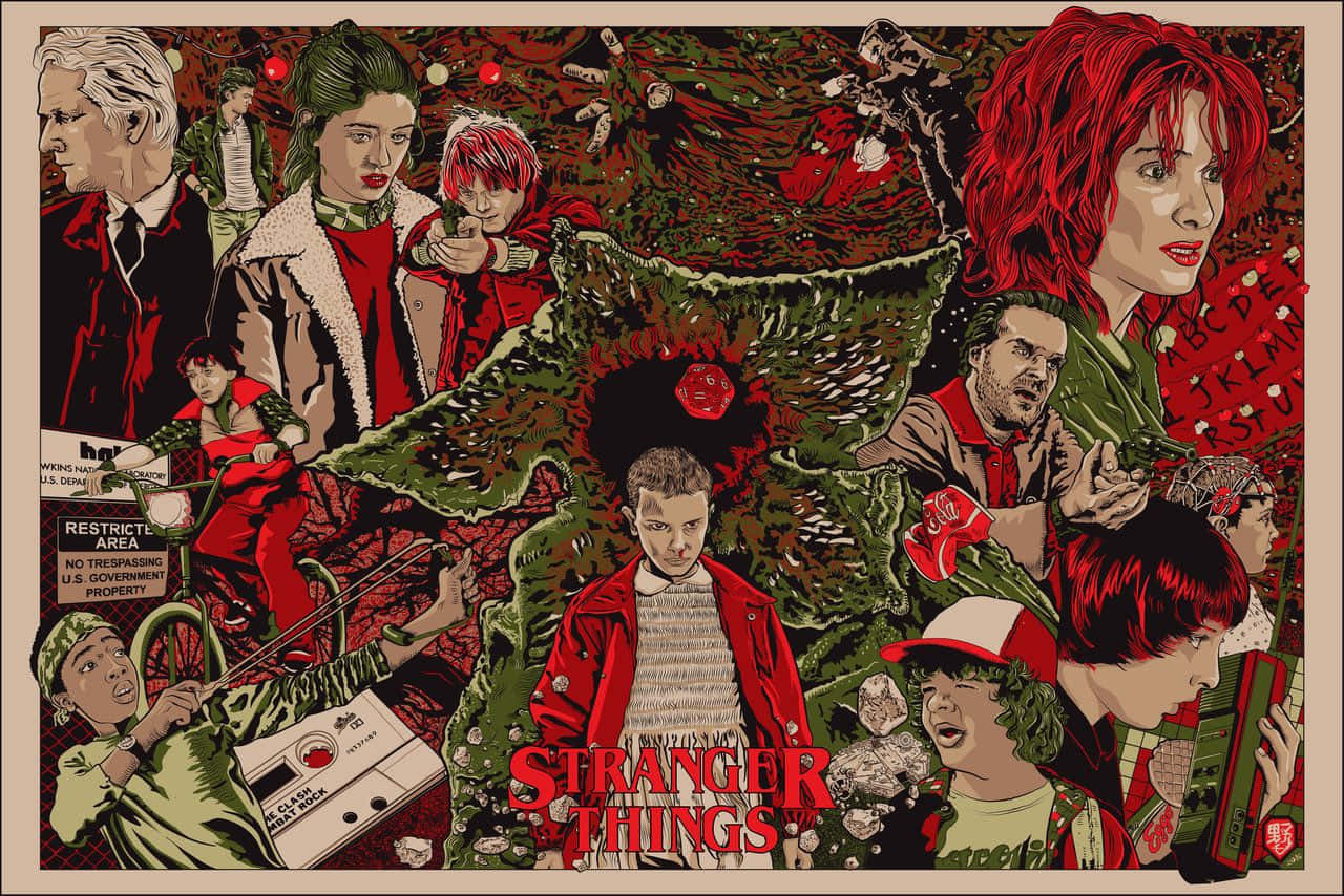 桌布 壁紙 — 以紅色和綠色色調的混亂拼貼風格呈現的《怪奇物語》角色海報。