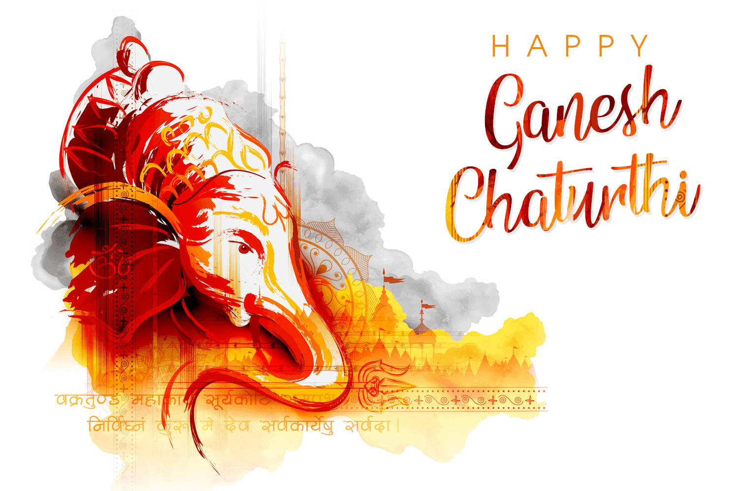 Ganesh 桌布 壁紙 — 以紅色和金色繪製的象神生動水彩插圖，附有慶祝象神節的節日文字。