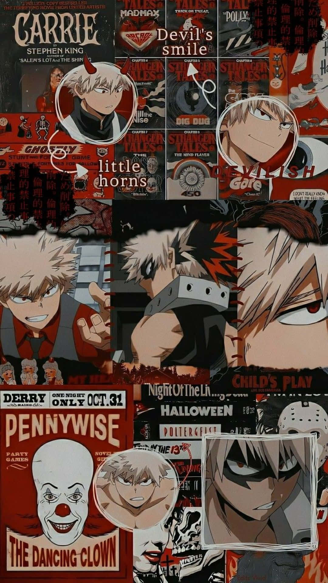 Aesthetic Manga 桌布 壁紙 — 以紅色和黑色背景為襯托，包含爆豪勝己和小丑回魂等角色的恐怖主題動畫拼貼畫，並帶有電影海報。
