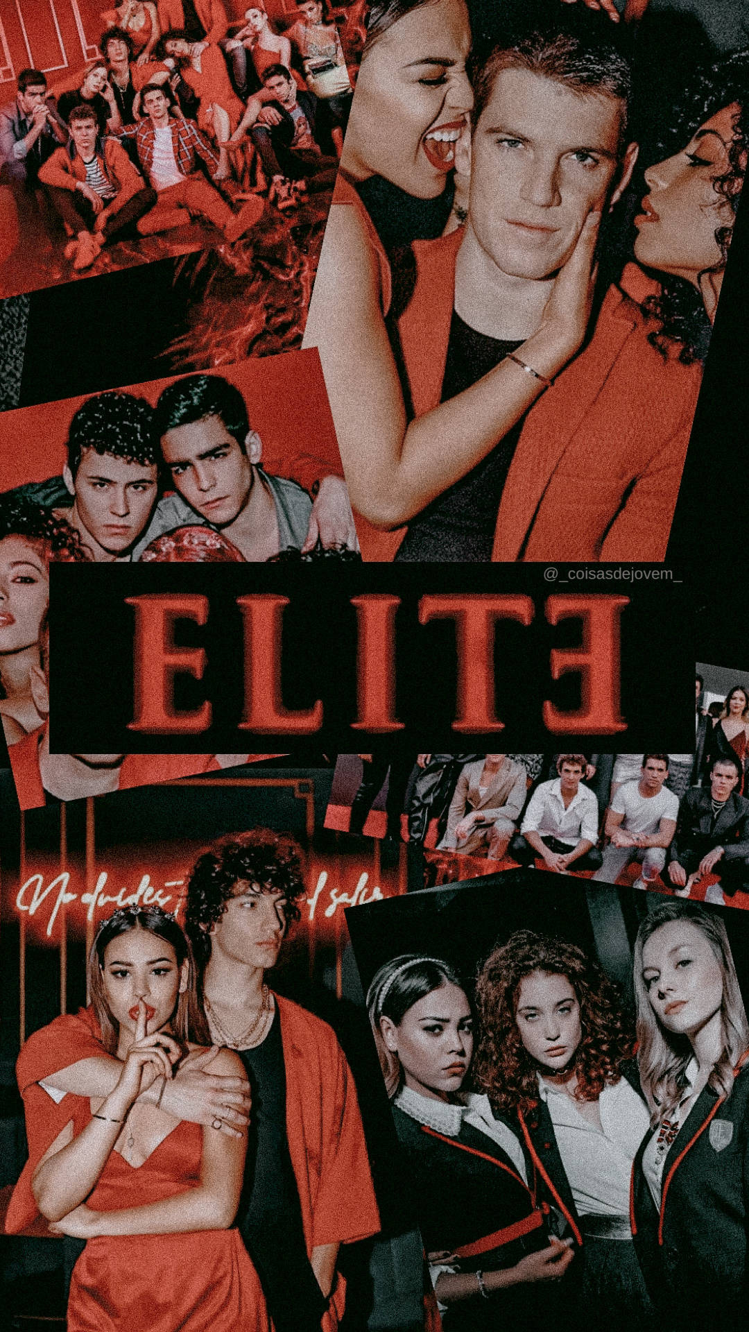 Elite 桌布 壁紙 — 以紅色為主調的鮮明拼貼畫，展示《菁英殺機》系列角色各種戲劇性姿勢和強烈表情。