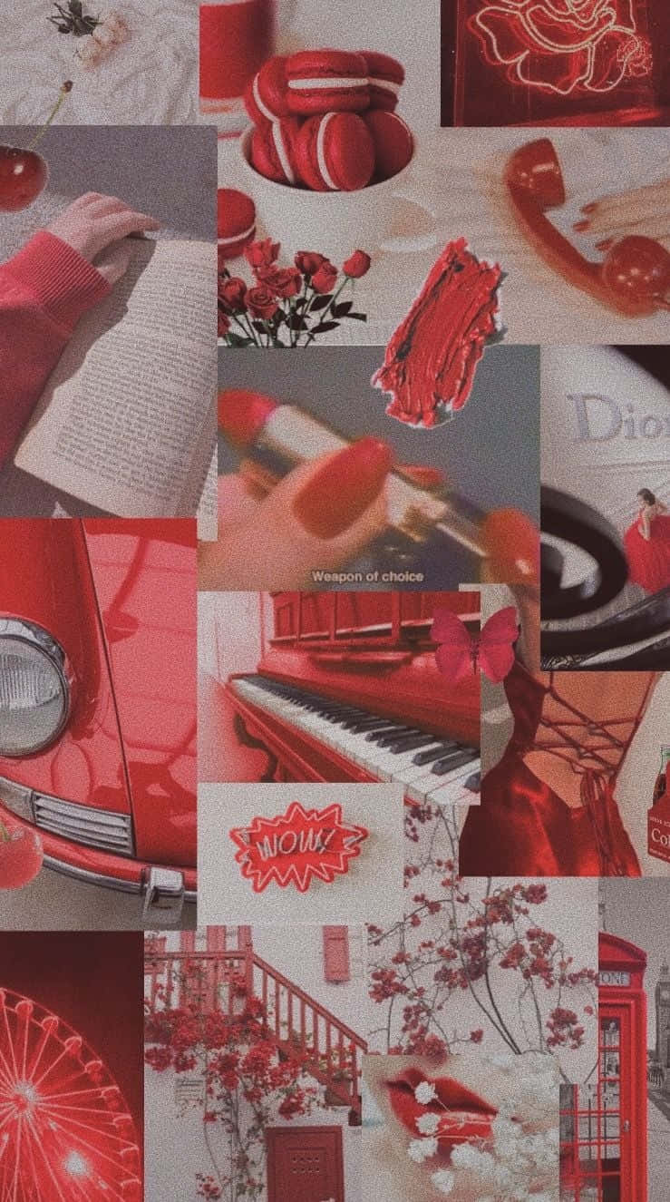 Aesthetic Red 桌布 壁紙 — 以紅色為主題的充滿活力的拼貼畫， featuring 馬卡龍、玫瑰、唇膏、鋼琴和復古汽車，呈現夢幻美學。