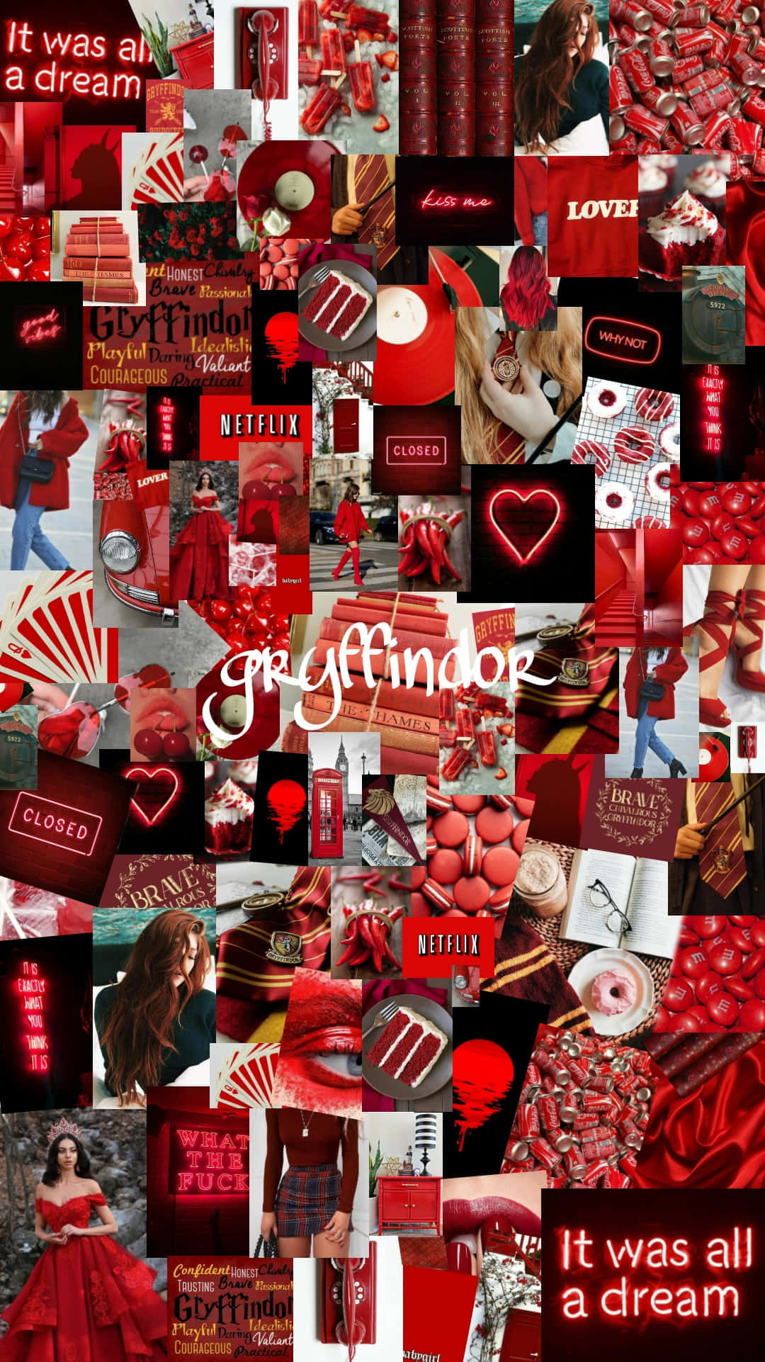 Gryffindor Aesthetic 桌布 壁紙 — 以紅色為主題的充滿活力的拼貼畫，慶祝葛萊芬多，包含書籍、圍巾、名言以及哈利波特宇宙中的標誌性圖像。