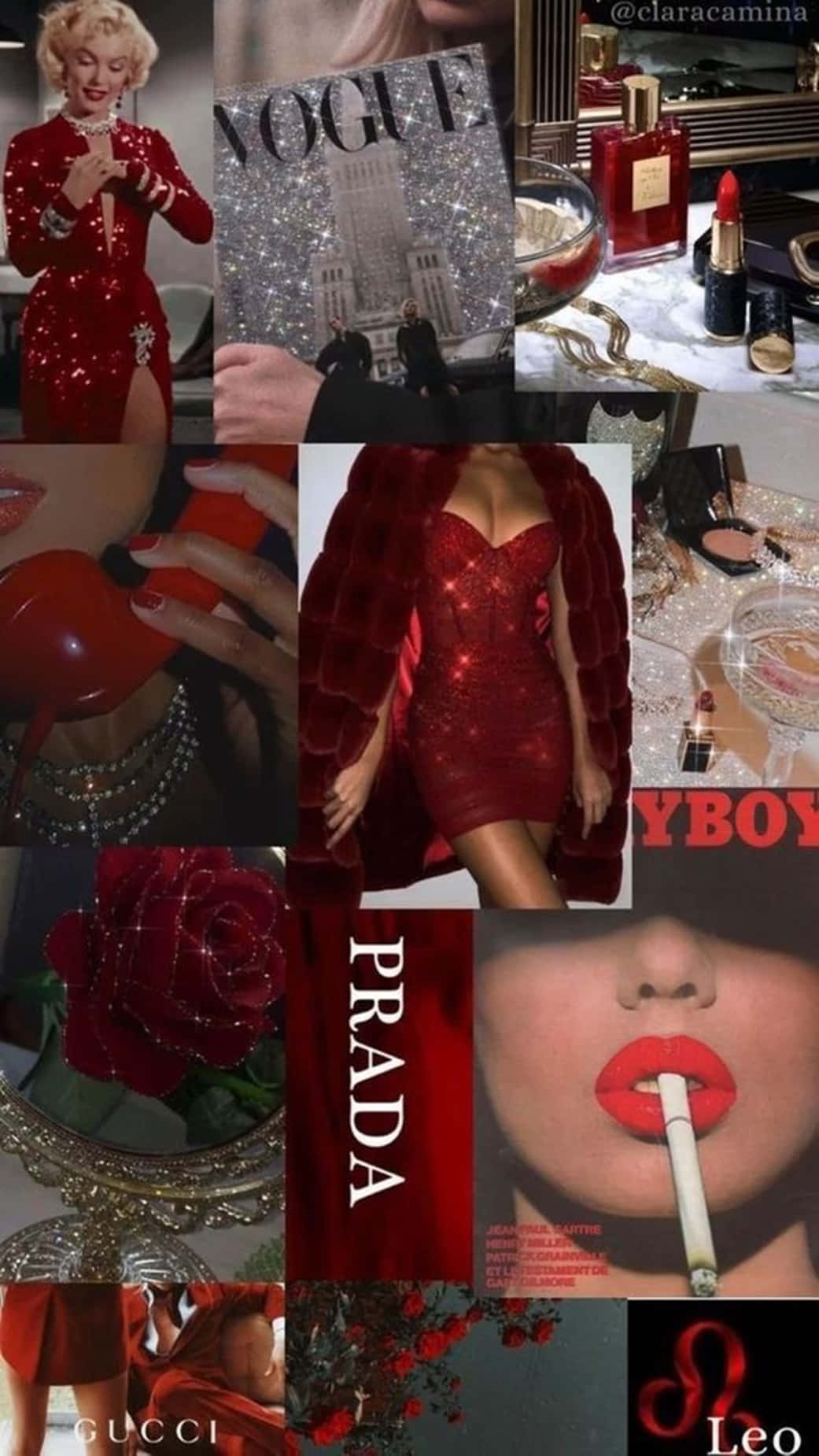 Girl Aesthetic 桌布 壁紙 — 以紅色為主題的奢華時尚與美容時刻的迷人拼貼畫， featuring Marilyn Monroe、Prada、Gucci 和 Vogue 品牌。