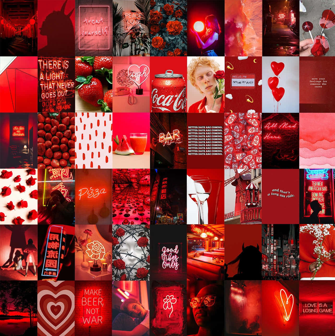 Red Collage 桌布 壁紙 — 以紅色為主題的鮮豔拼貼畫，包含霓虹燈牌、草莓、玫瑰和都市夜生活場景。