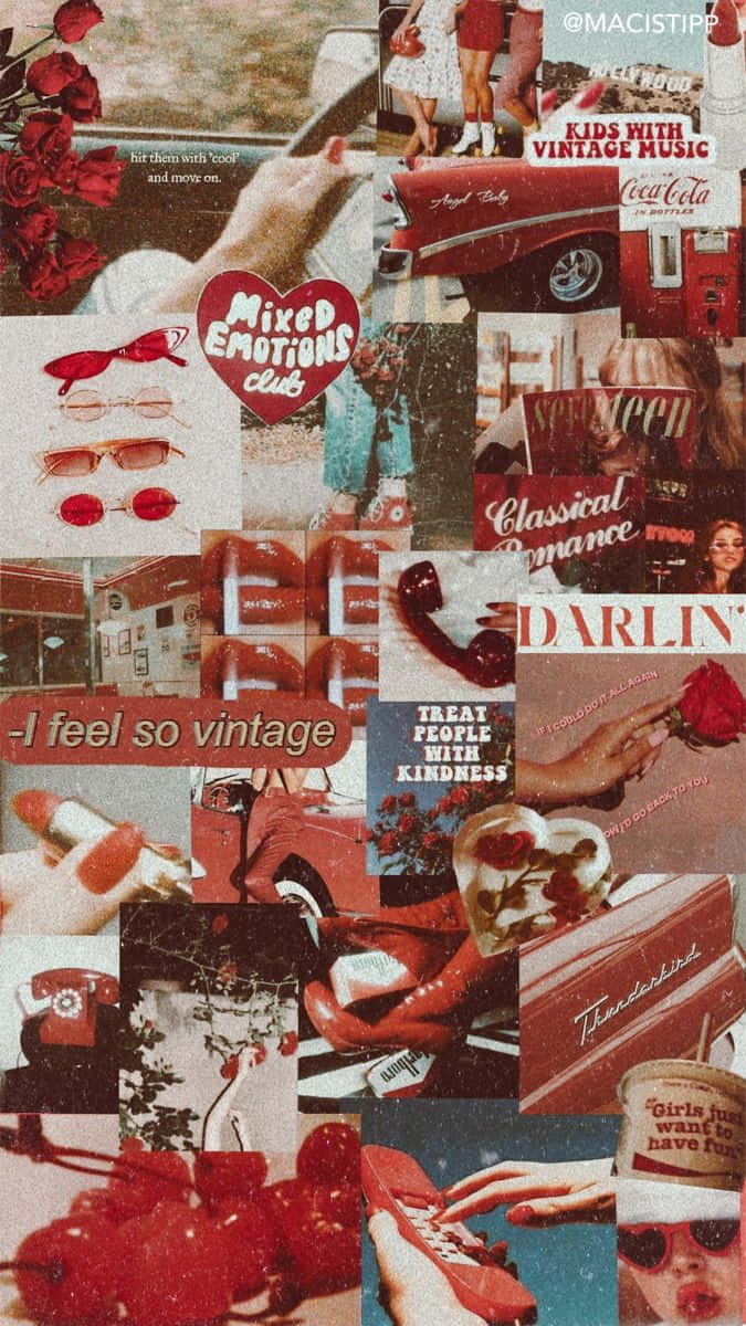 Vintage Collage 桌布 壁紙 — 以紅色調為主導的懷舊復古拼貼畫，包含汽車、玫瑰、太陽眼鏡和復古文字片段。