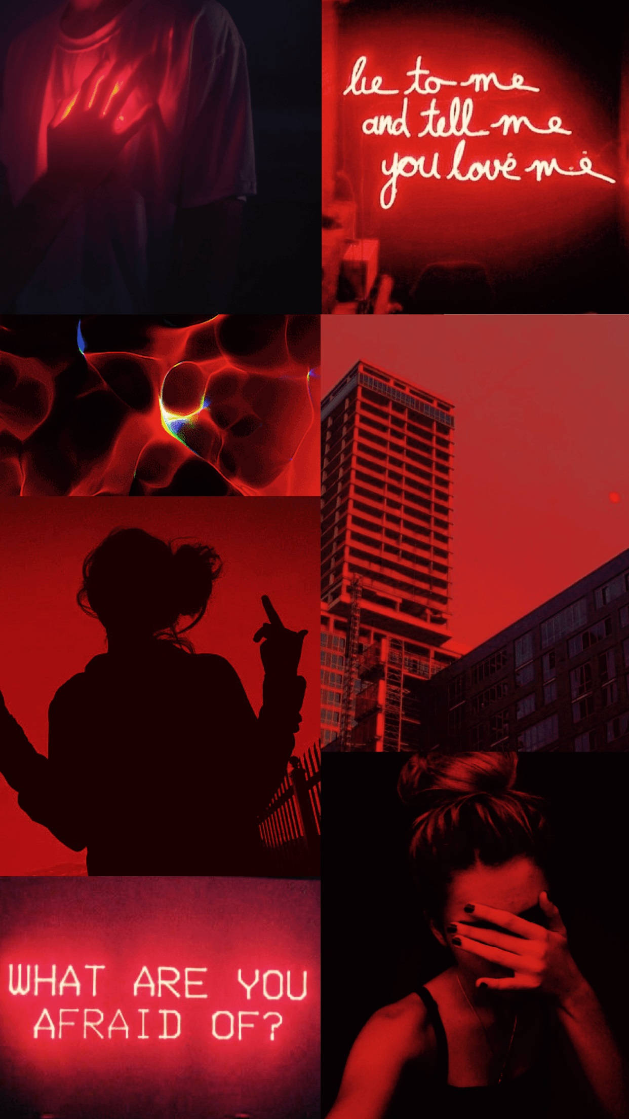 Red And Black Aesthetic 桌布 壁紙 — 以紅色調為主的拼貼畫，包含情感場景、文字疊加和剪影，背景為城市和抽象風格。