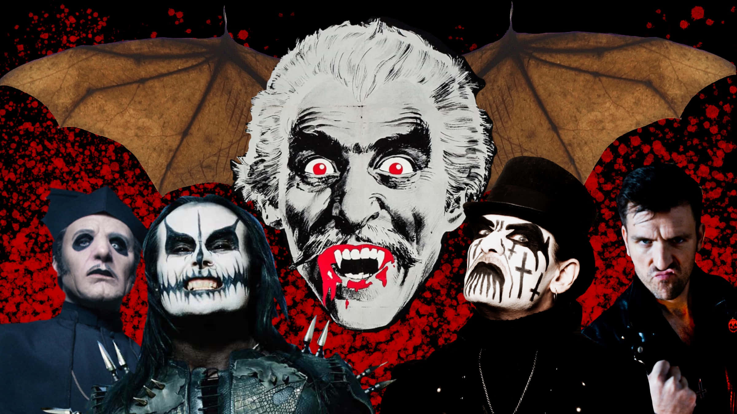 Horror Icons 桌布 壁紙 — 以紅色飛濺背景為襯托，帶有吸血鬼面孔和蝙蝠翅膀的恐怖主題樂隊肖像。