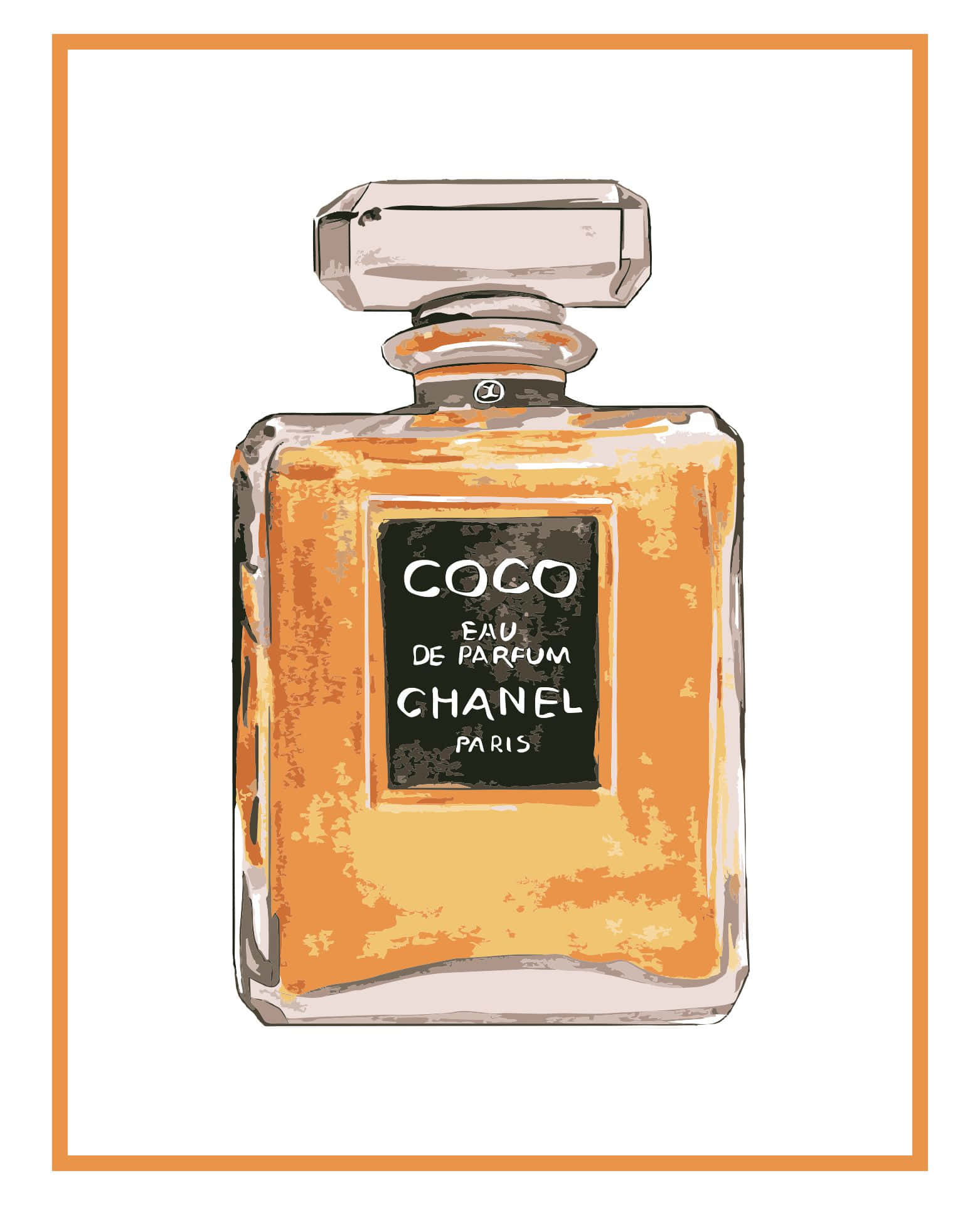 香奈兒標誌 桌布 壁紙 — 以紋理橙黃色和米色調呈現的復古 Chanel Coco Eau de Parfum 香水瓶，搭配簡約白色背景。
