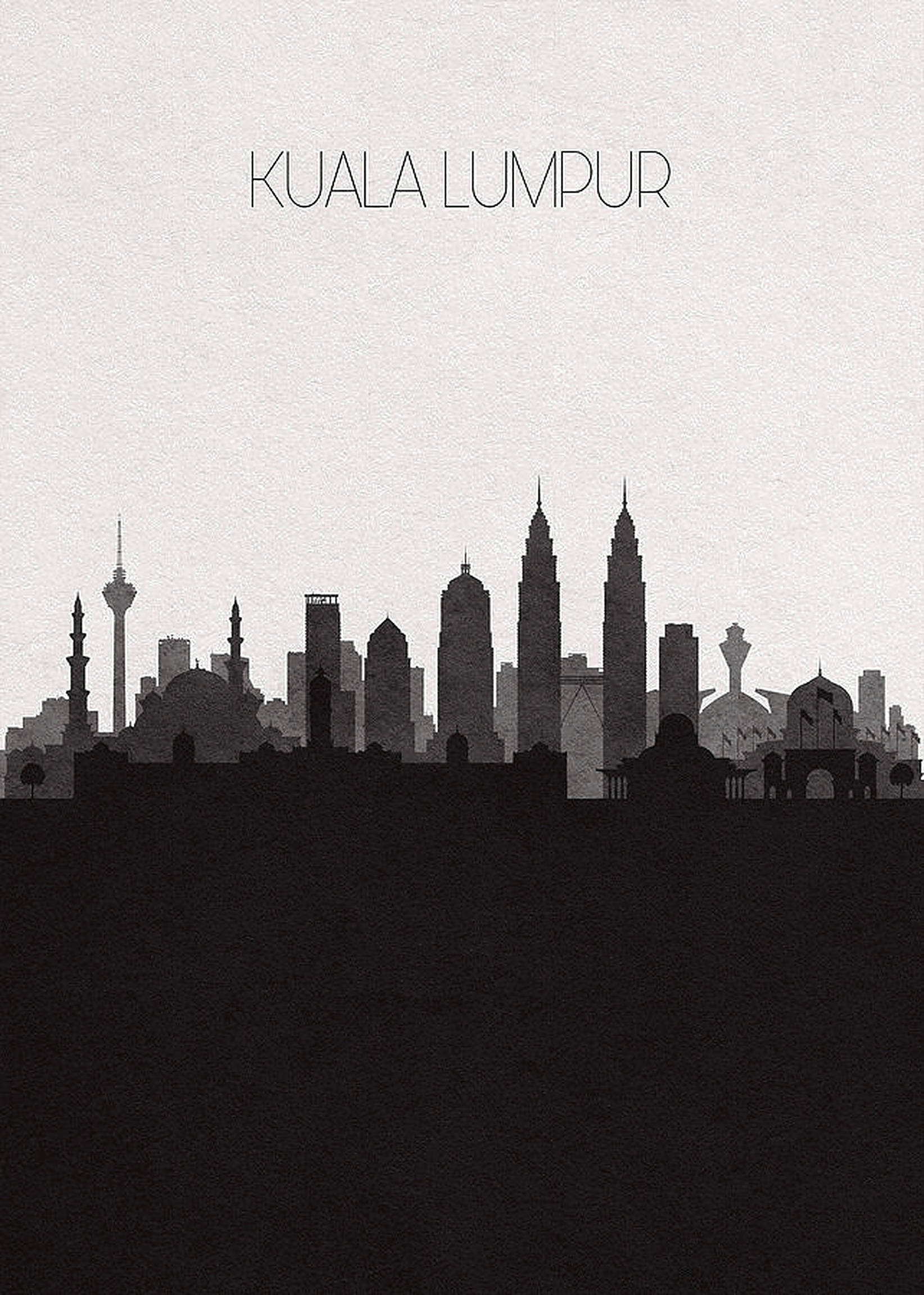 Kuala 桌布 壁紙 — 以紋理灰色天空為背景，吉隆坡天際線的簡約黑白剪影，包含標誌性塔樓和圓頂。