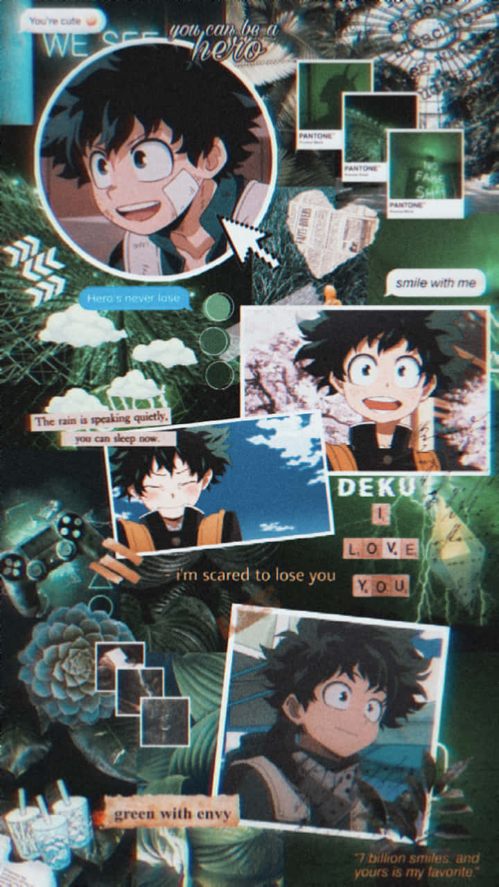 桌布 壁紙 — 以紋理背景拼貼出 Deku 動畫面板、綠色 Pantone 色板及手寫語錄。
