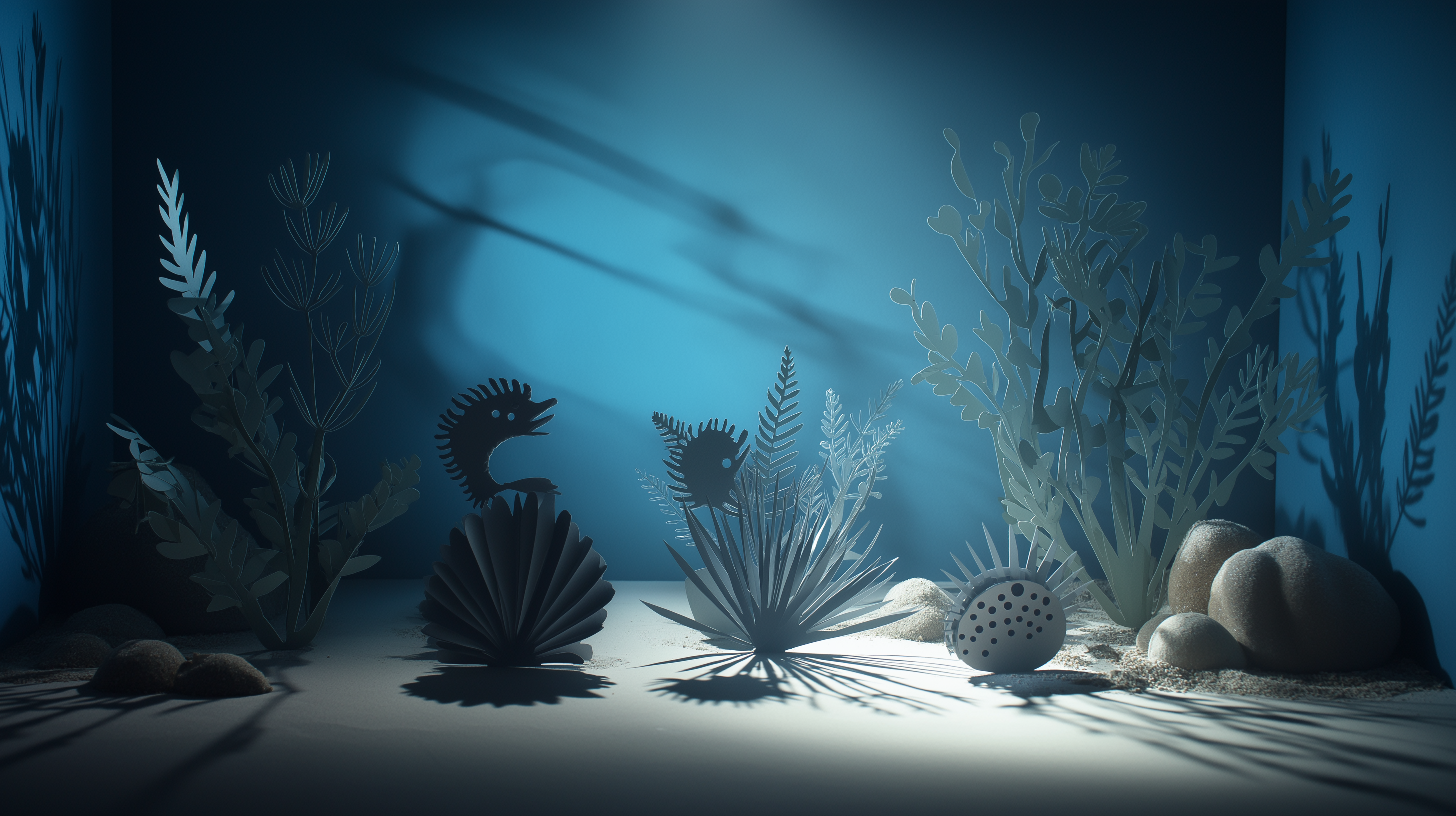 Marine Life 桌布 壁紙 — 以紙雕呈現的海底場景，有海馬、珊瑚和岩石，沐浴在藍光中，投射出戲劇性的陰影。