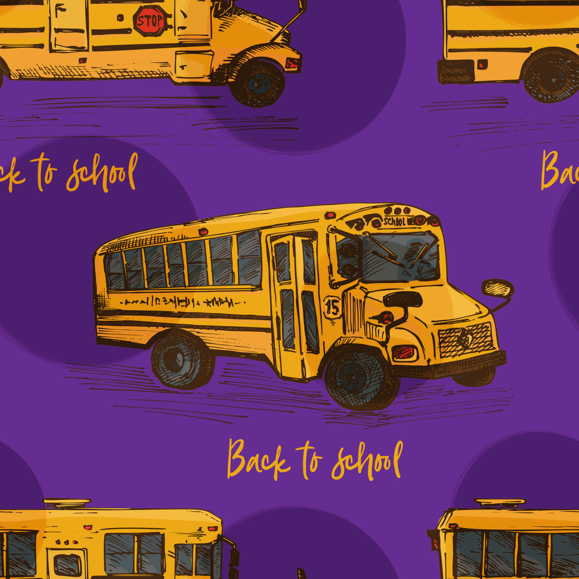 Yellow School Bus 桌布 壁紙 — 以素描風格繪製的黃色校車漂浮在紫色背景上，並帶有 'Back to School' 文字。