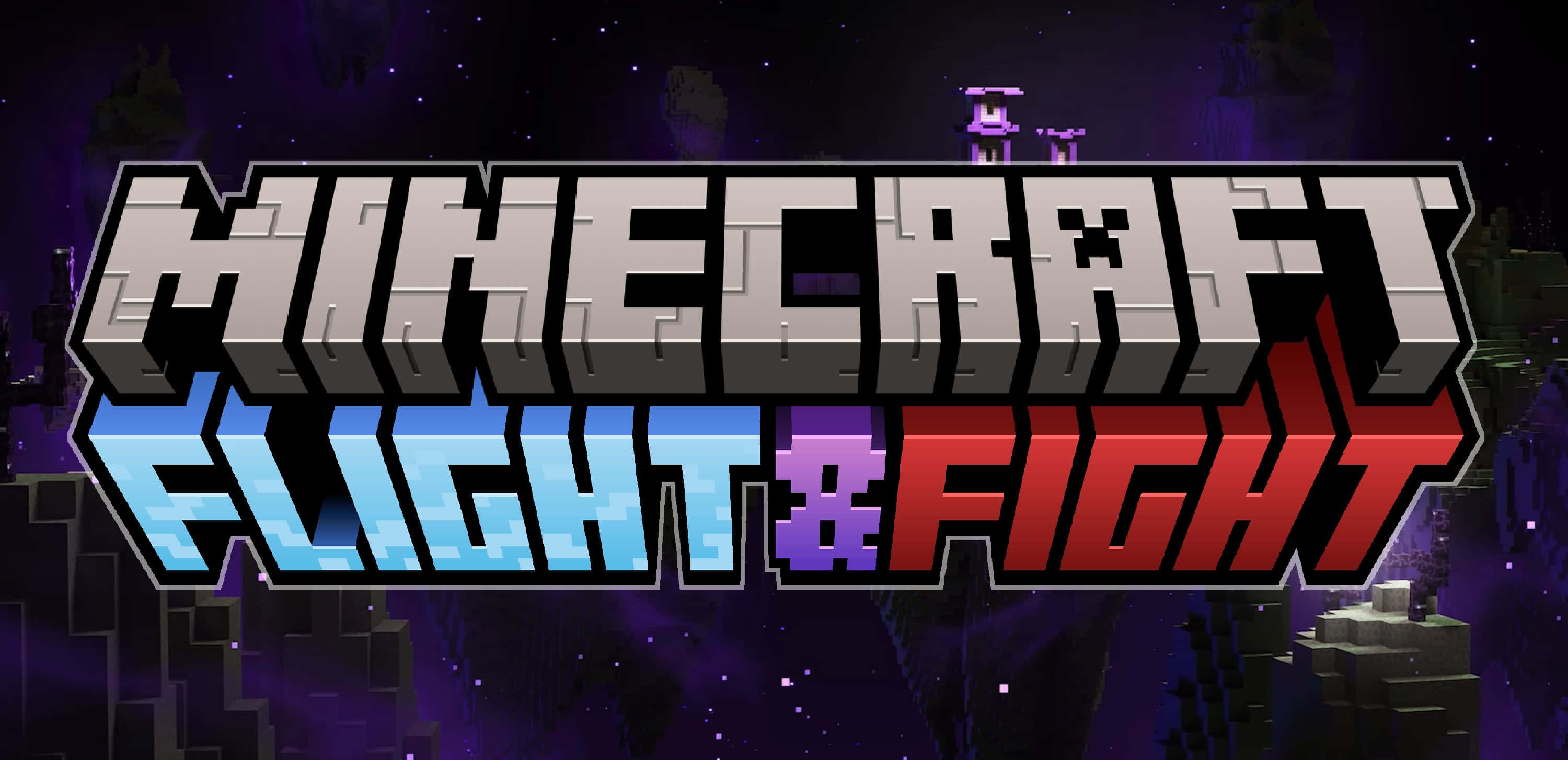 Minecraft Fight 桌布 壁紙 — 以紫色星空和浮動結構為背景的像素方塊風格Minecraft Flight & Fight標誌。