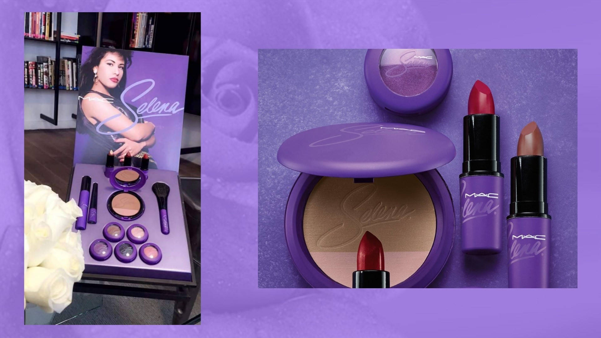 Cosmetics 桌布 壁紙 — 以紫色為主題的MAC化妝品系列， featuring Selena Gomez，展示有白玫瑰和肖像背景。