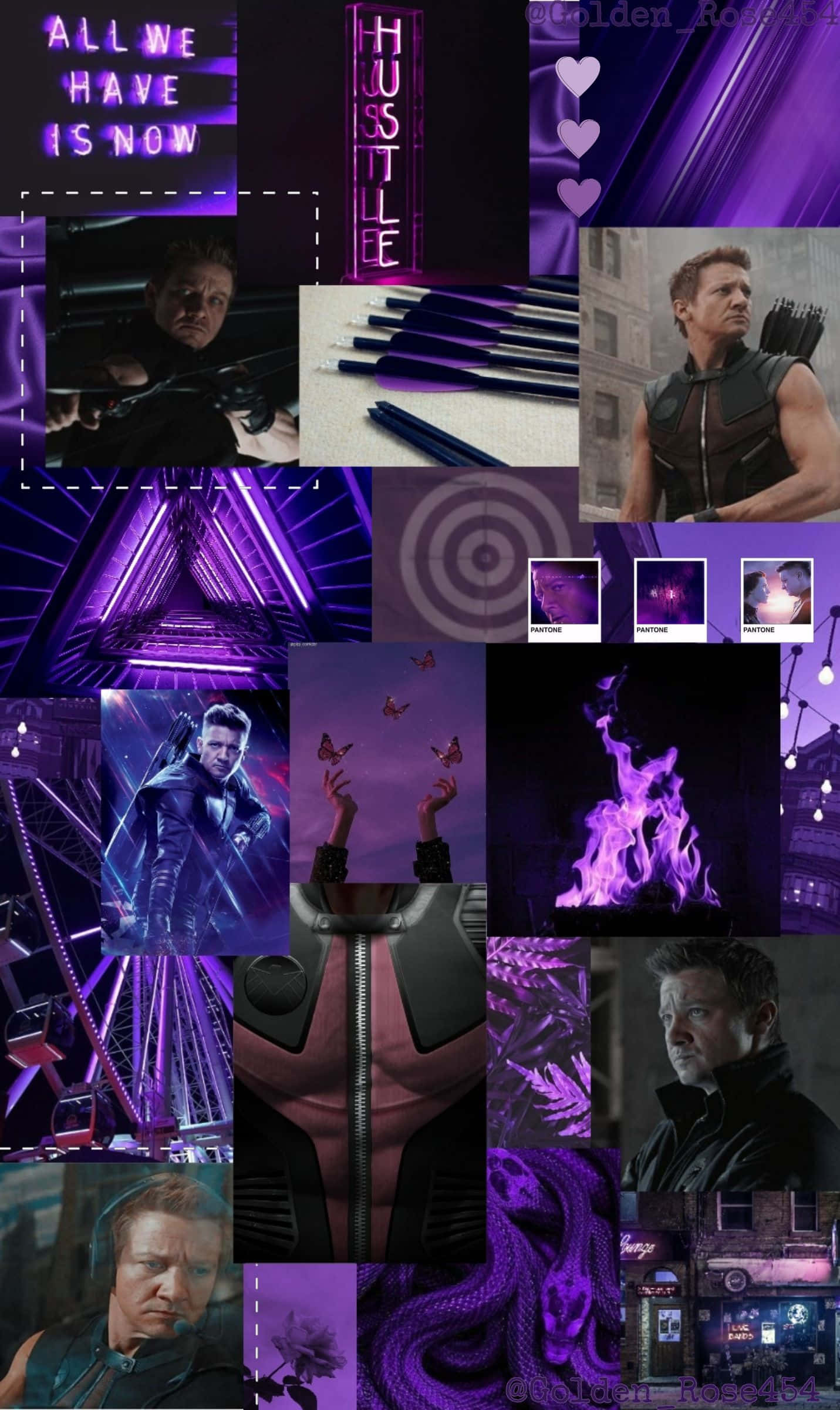 鷹眼 桌布 壁紙 — 以紫色為主題的充滿活力的拼貼畫， featuring Hawkeye、霓虹燈牌、箭頭和抽象圖案，採用動態網格佈局。
