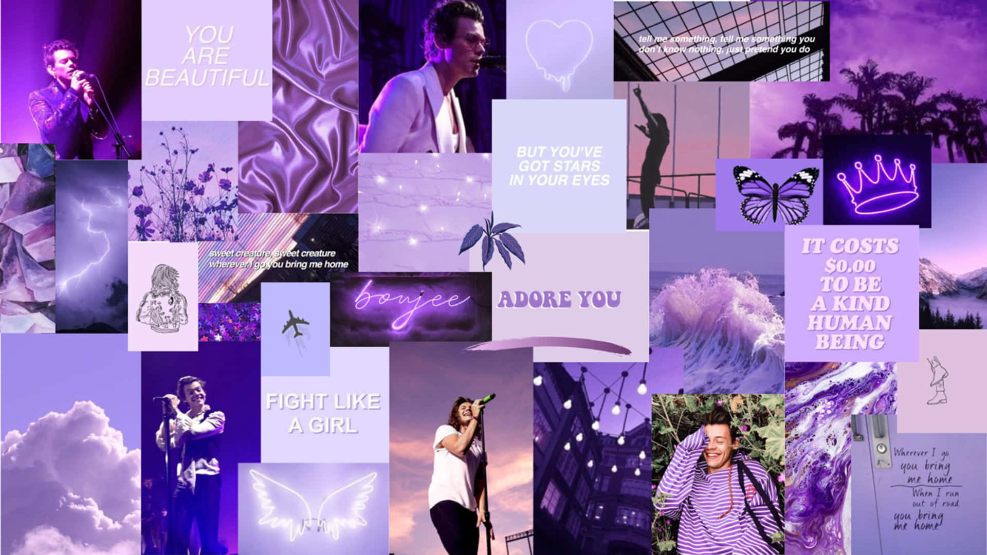 Aesthetic Collage Desktop 桌布 壁紙 — 以紫色為主題的充滿活力的拼貼畫， featuring Harry Styles、勵志名言、蝴蝶和夢幻的天空場景。
