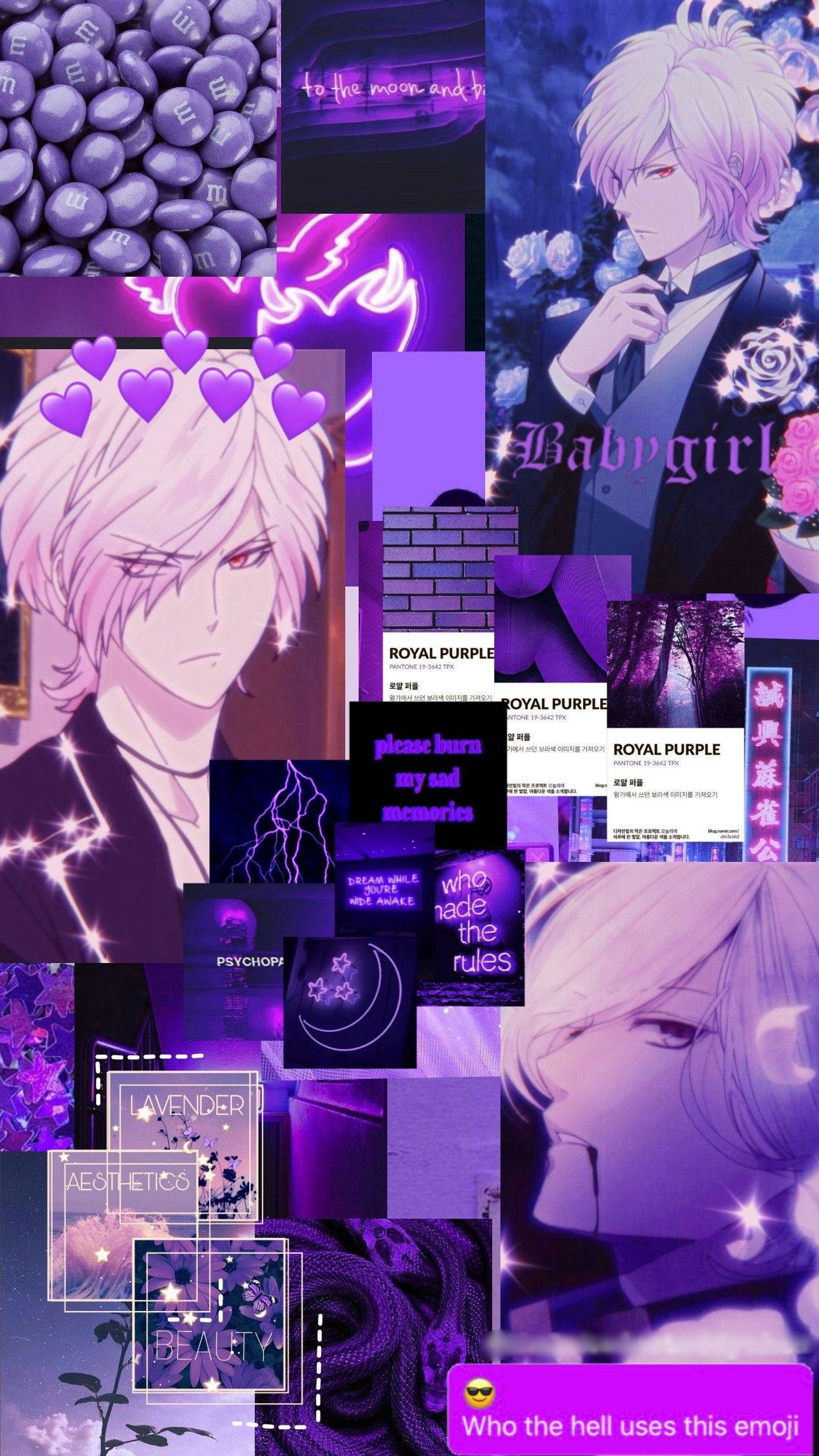 Diabolik Lovers 桌布 壁紙 — 以紫色為主題的充滿活力的數位拼貼畫，以夢幻美學呈現動漫角色、心形、霓虹燈和文字疊加。