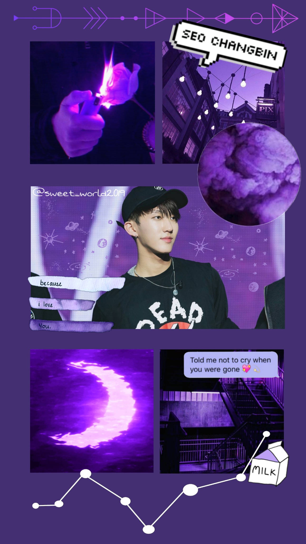 Changbin 桌布 壁紙 — 以紫色為主題的拼貼畫，包含一位年輕男子、發光的雙手、新月以及帶有燈串的城市夜景。