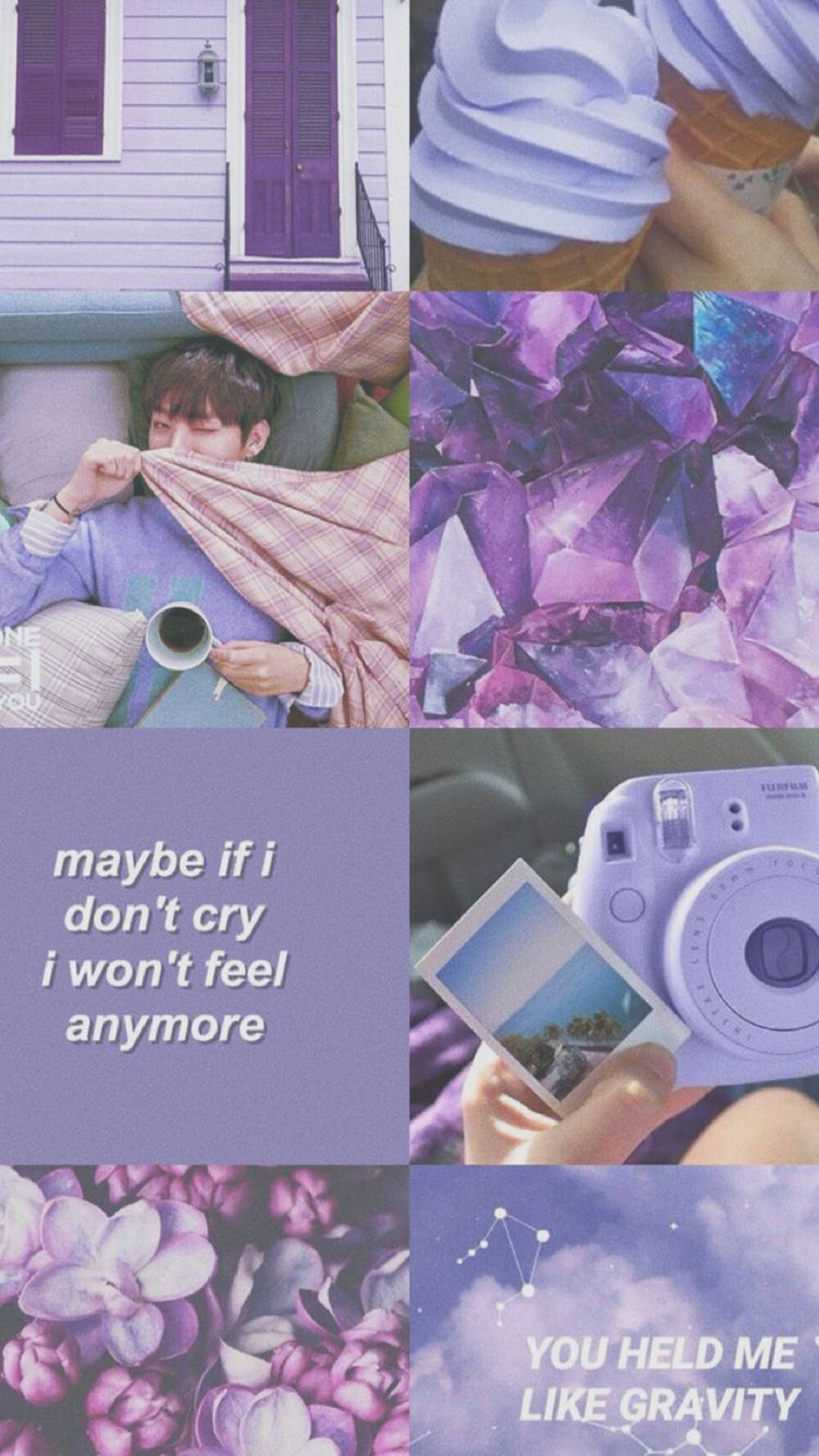 Aesthetic Collage 桌布 壁紙 — 以紫色為主題的拼貼畫，包含一個舒適的人物、冰淇淋、水晶、花朵、相機和詩意的文字。