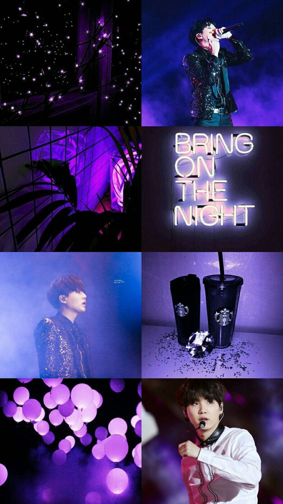 Bts Aesthetic 桌布 壁紙 — 以紫色為主題的拼貼畫，包含歌手表演、發光燈光、霓虹文字和星巴克杯子，在戲劇性的舞台燈光下。