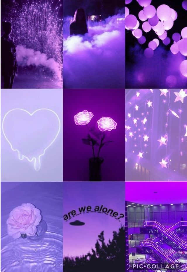 Lock Screen iPhone 桌布 壁紙 — 以紫色為主題的拼貼畫，包含發光的心形、玫瑰、星星和煙霧，營造夢幻浪漫的美感。