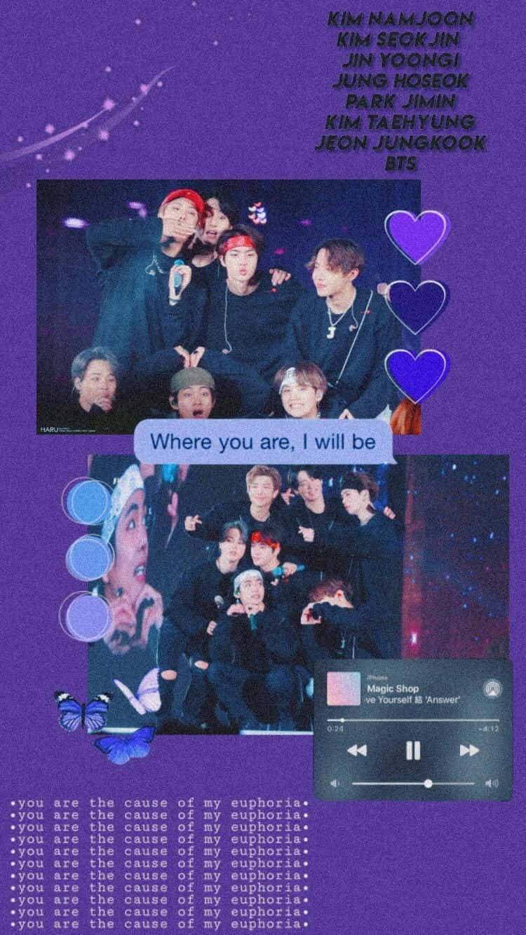 Purple Aesthetic Tumblr 桌布 壁紙 — 以紫色為主題的拼貼畫，展示BTS成員各種姿勢，並在星空背景上疊加心形、蝴蝶和歌詞。