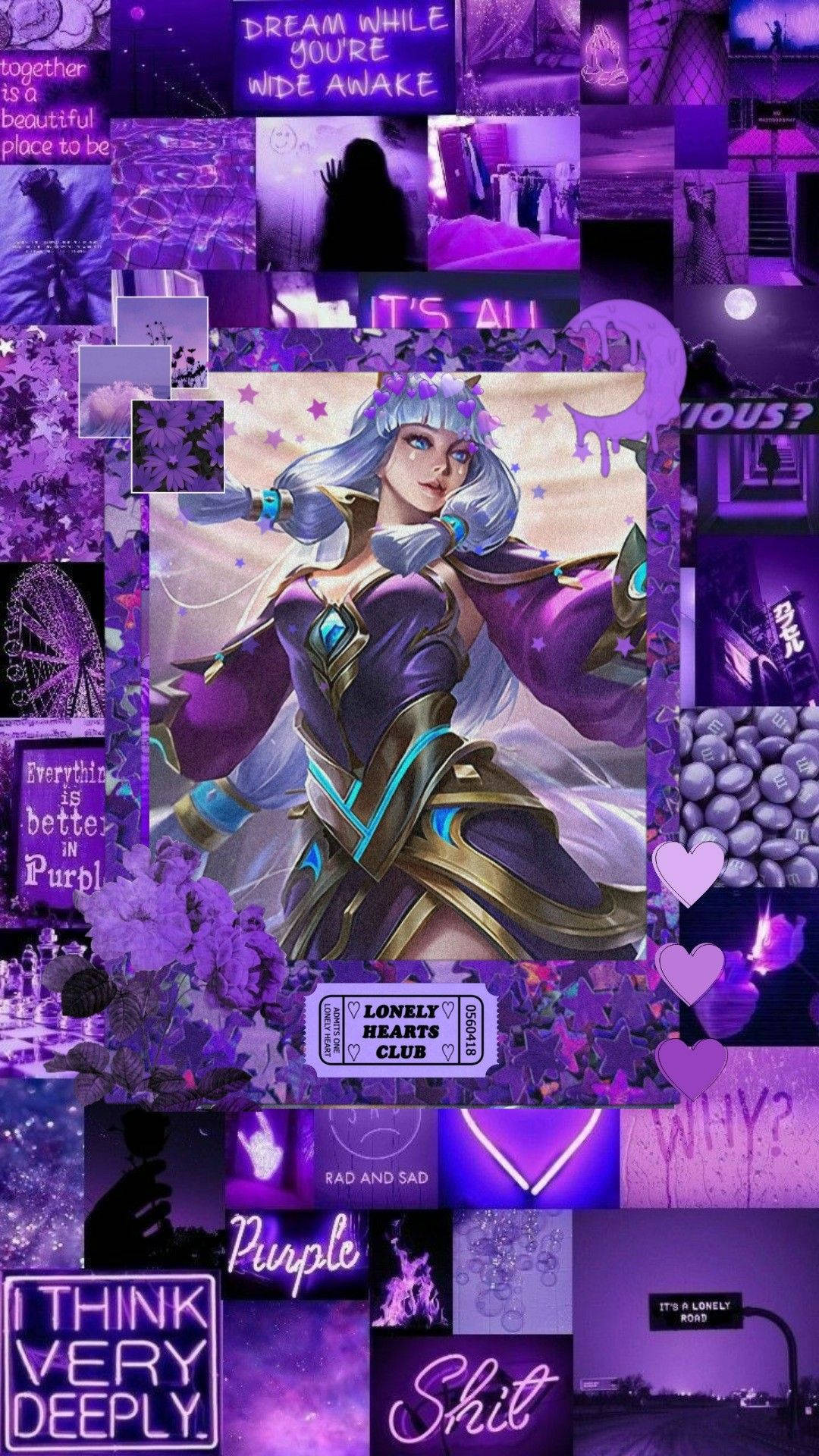 Guinevere 桌布 壁紙 — 以紫色為主題的鮮明數位拼貼畫， featuring 一個奇幻角色 surrounded by 文字引言和夢幻圖像。