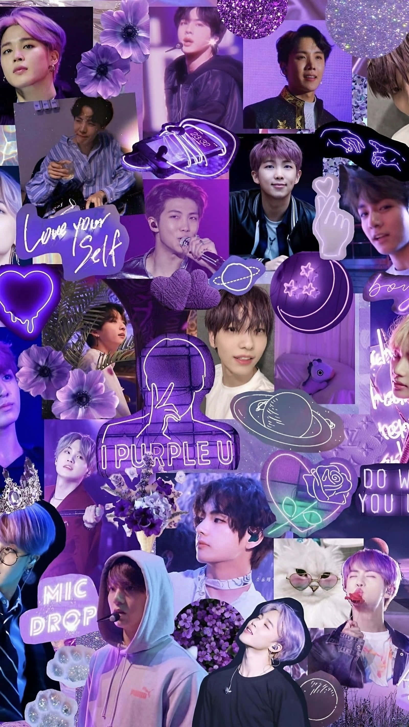 Aesthetic Korean 桌布 壁紙 — 以紫色為主題的鮮豔拼貼桌布， featuring 多位K-pop偶像，配有花卉圖案和霓虹文字疊加。