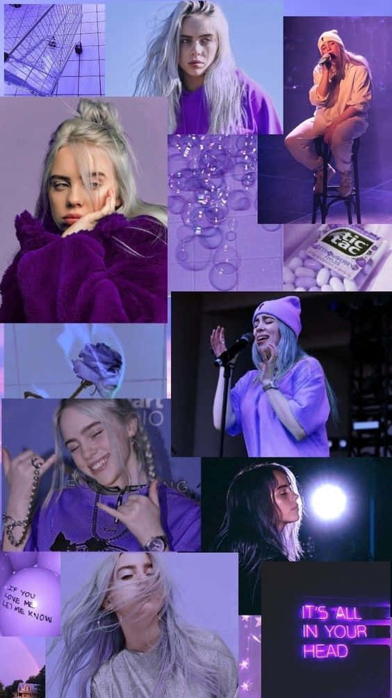 iPhone 桌布 壁紙 — 以紫色為主題的鮮豔拼貼畫，展示 Billie Eilish 的各種姿勢和表演，帶有霓虹色調和泡泡圖案。