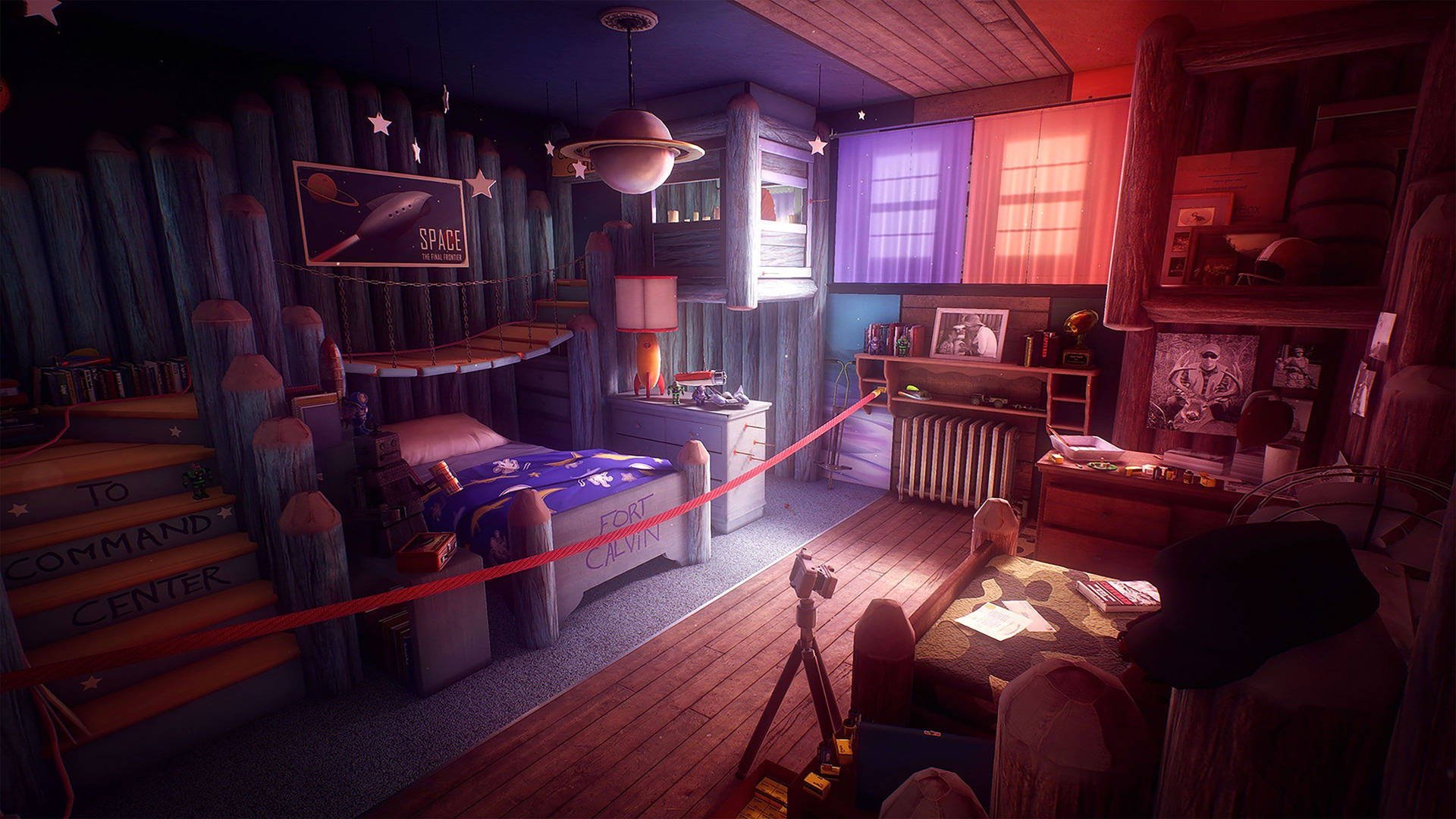 room 桌布 壁紙 — 以紫色牆壁、星星裝飾和散發溫暖光線的土星燈為主題的太空指揮中心兒童臥室。