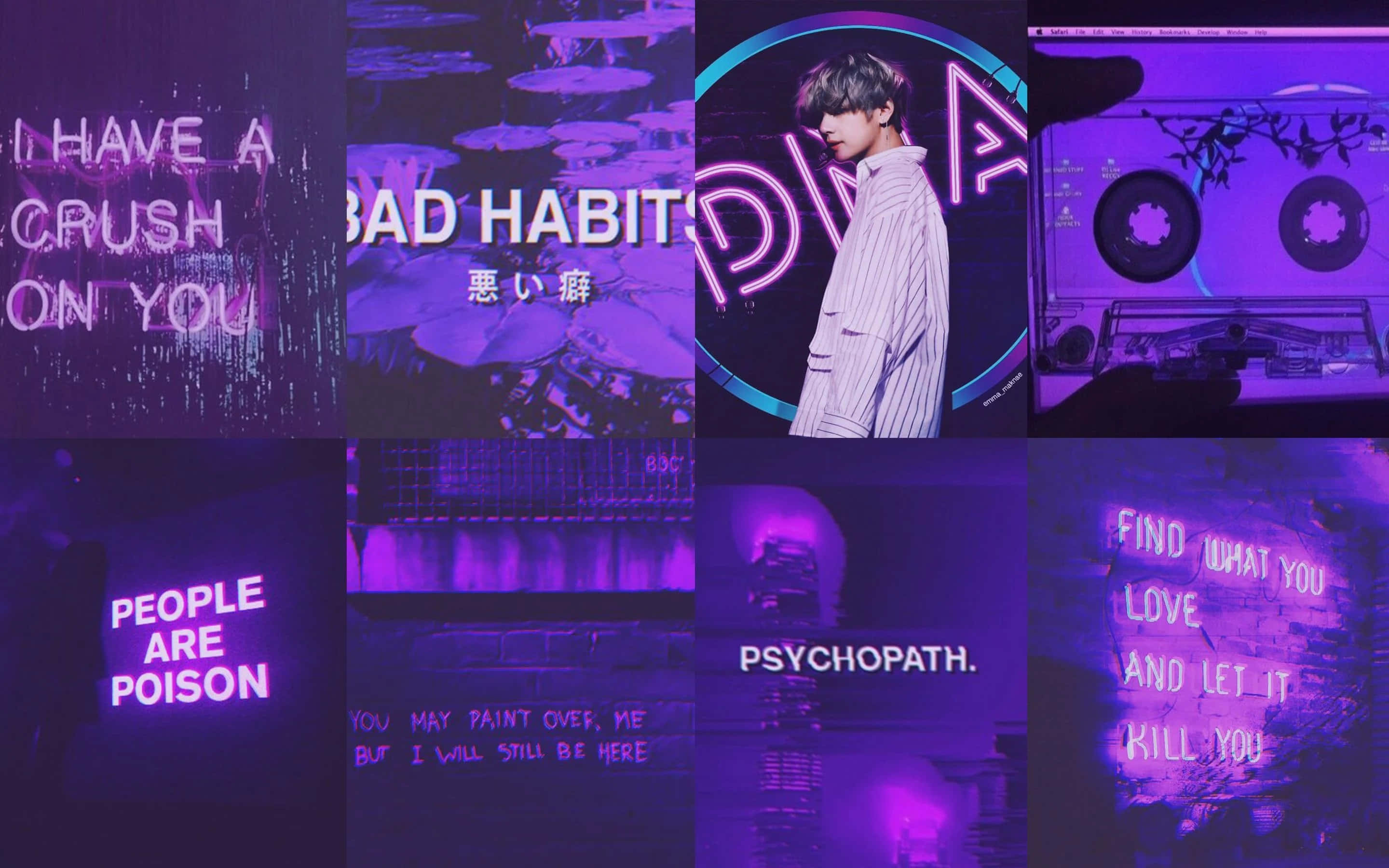 Purple Aesthetic Phone 桌布 壁紙 — 以紫色調為主的拼貼畫，包含文字引用和一個身處霓虹燈場景中的人物，並帶有卡式錄音帶圖案。