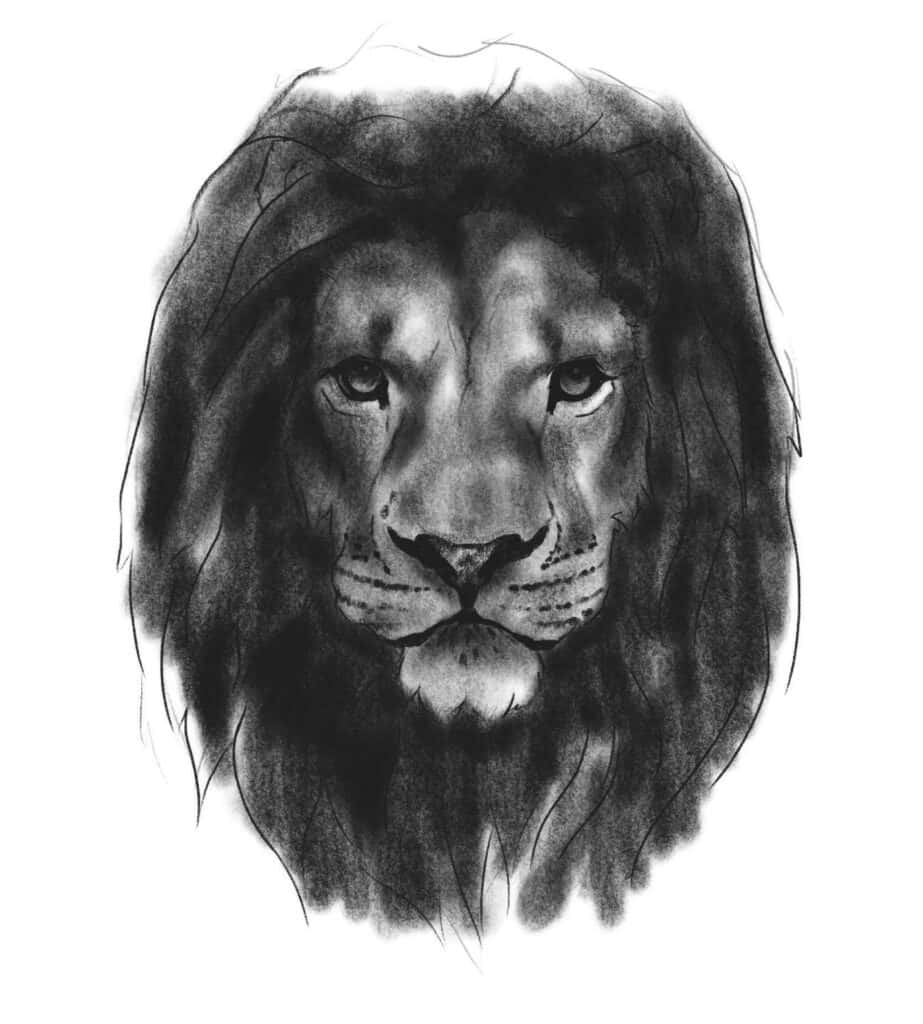 Lion Head 桌布 壁紙 — 以細緻木炭素描呈現的強力獅子頭部，帶有強烈眼神和紋理鬃毛。