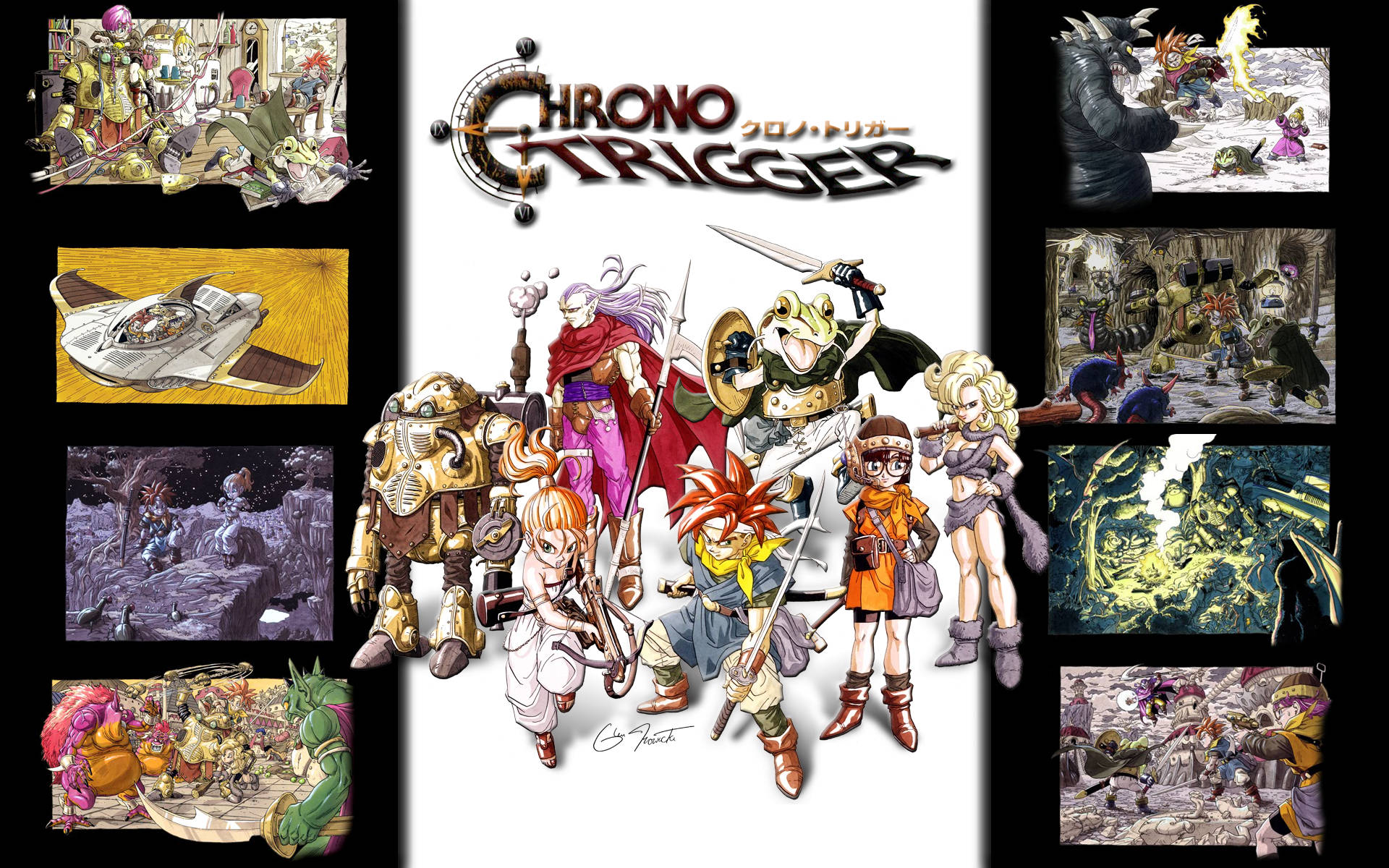 Chrono 桌布 壁紙 — 以經典動漫藝術風格呈現的 Chrono Trigger 標誌性角色和場景的鮮明拼貼畫。