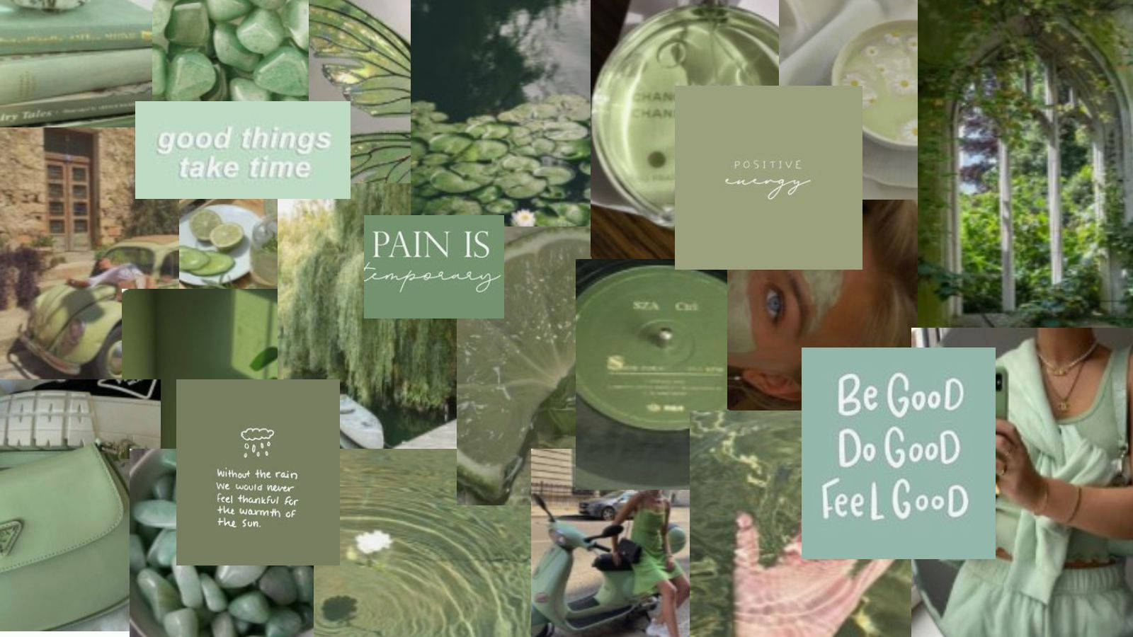 Pastel Green Aesthetic Laptop 桌布 壁紙 — 以綠色為主調的舒緩拼貼畫，融合自然紋理、勵志名言和生活方式瞬間，呈現寧靜美學。