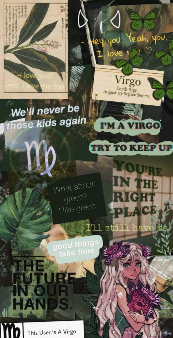 星座 桌布 壁紙 — 以綠色為主題的拼貼畫，包含處女座星座語錄、植物插圖和一位手持鮮花的動漫女孩。