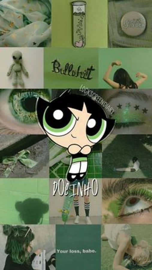 Buttercup Aesthetic 桌布 壁紙 — 以綠色為主題的拼貼畫，包含飛天小女警泡泡、眼睛、毛絨玩具和手寫文字，風格俏皮如剪貼簿。