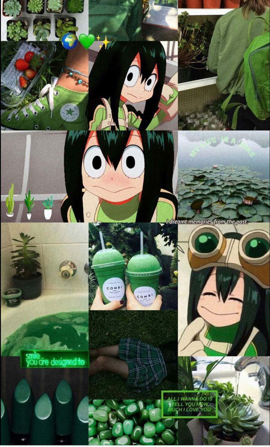 Froppy 桌布 壁紙 — 以綠色為主題的鮮豔拼貼畫，包含動漫角色、多肉植物、飲品和自然場景。