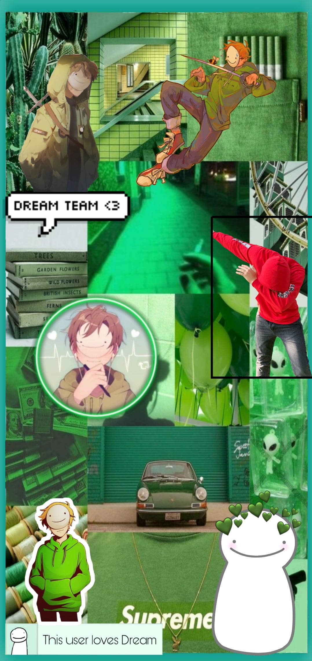 夢幻 桌布 壁紙 — 以綠色為主題的鮮豔拼貼畫，展示動漫角色和流行文化圖標，姿勢充滿動感。