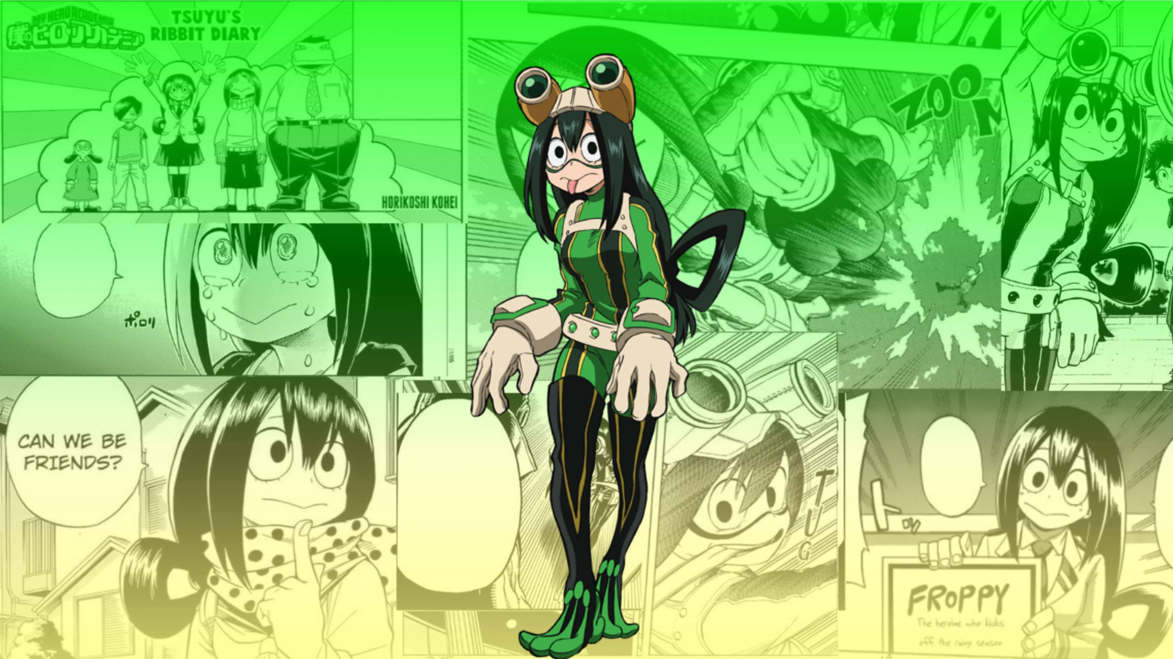 Froppy 桌布 壁紙 — 以綠色調的動漫拼貼畫， featuring 來自《我的英雄學院》的角色蛙吹梅雨，周圍環繞著漫畫面板。