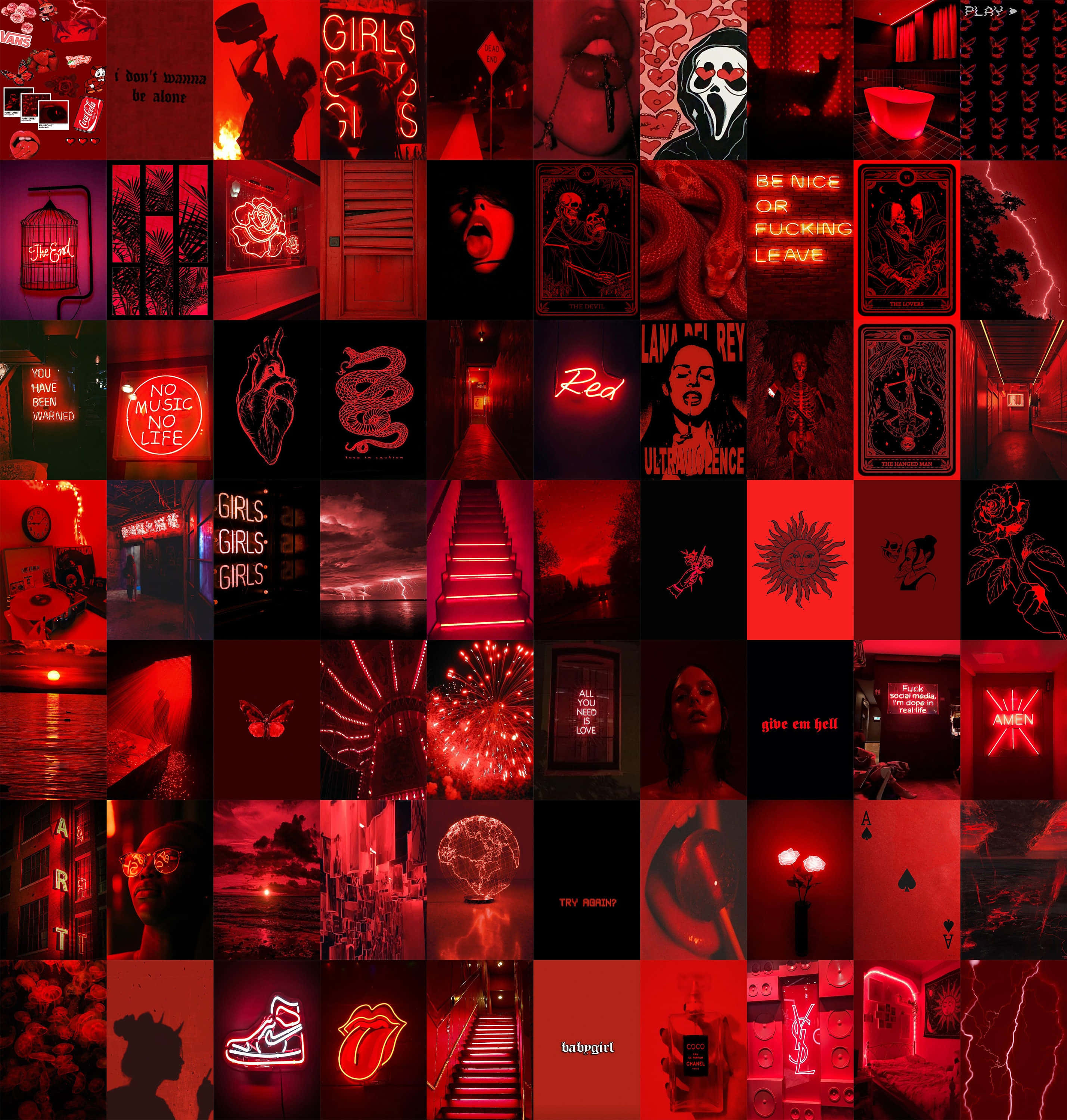Red Collage 桌布 壁紙 — 以網格圖案呈現的充滿活力的紅色調流行文化圖標和霓虹燈場景拼貼畫。