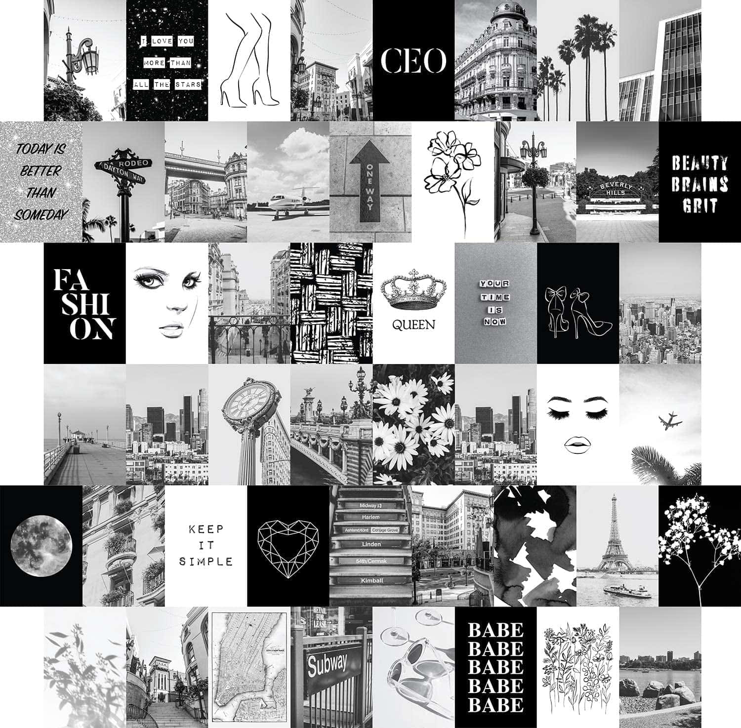 Aesthetic Black And White 桌布 壁紙 — 以網格圖案排列的城市場景、時尚語錄和標誌性地標的黑白拼貼畫。