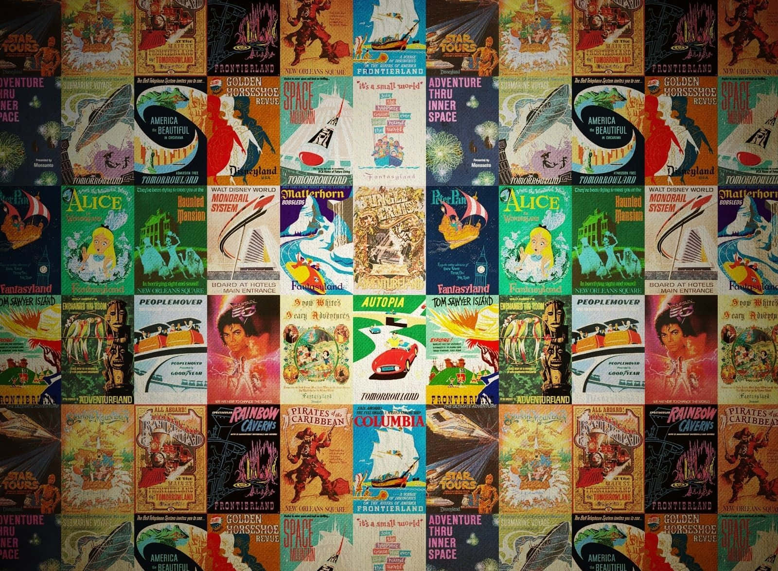 poster 桌布 壁紙 — 以網格圖案排列的復古迪士尼樂園遊樂設施海報的鮮豔拼貼畫。