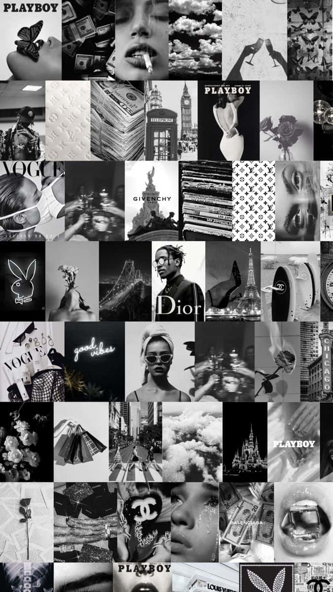 Black And White Collage 桌布 壁紙 — 以網格排列的奢華時尚偶像、奢侈品牌和高級時尚圖像的黑白拼貼畫。