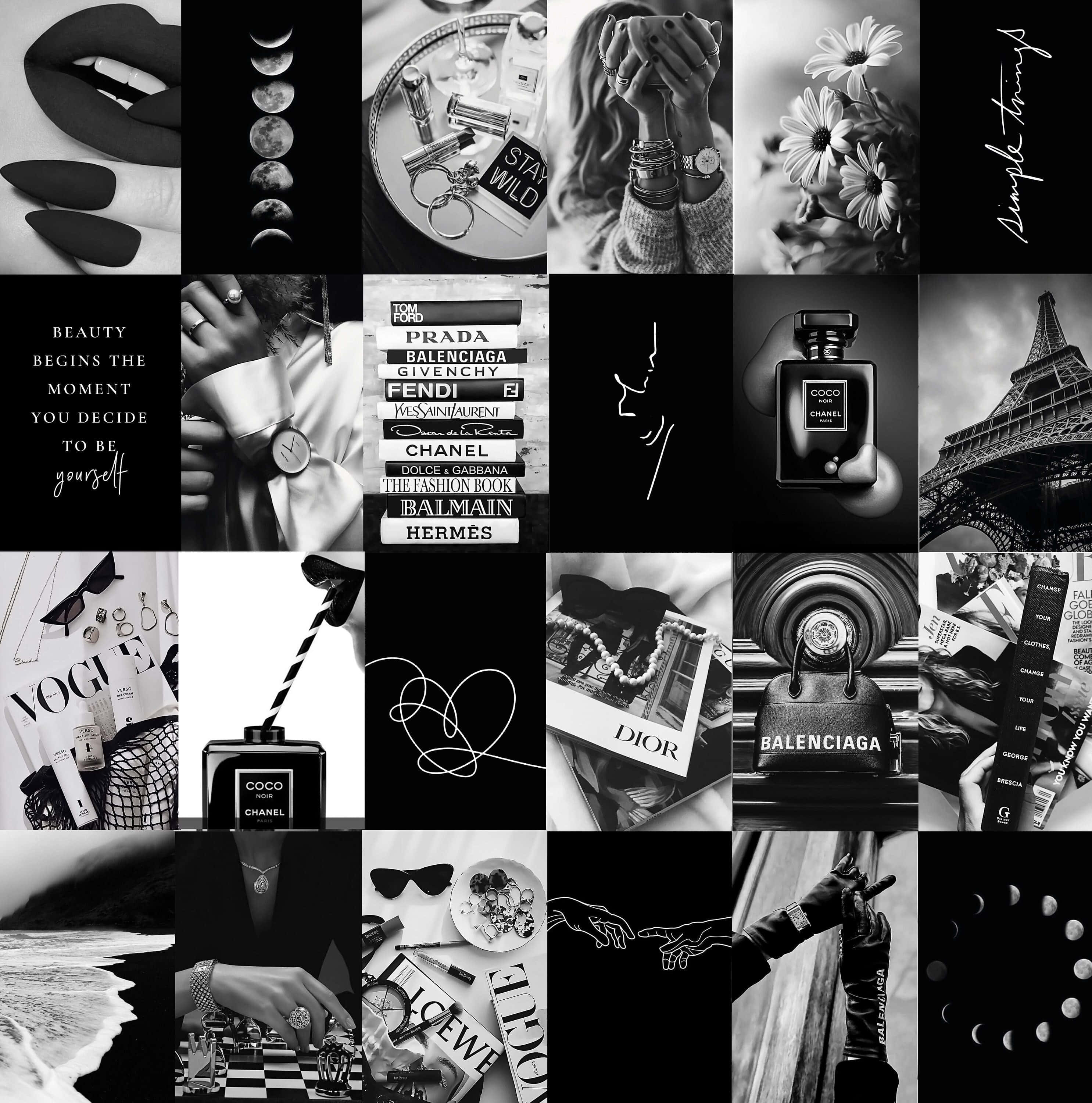 Aesthetic Black And White 桌布 壁紙 — 以網格排列的奢華時尚配件、奢侈品牌和標誌性符號的黑白拼貼畫。